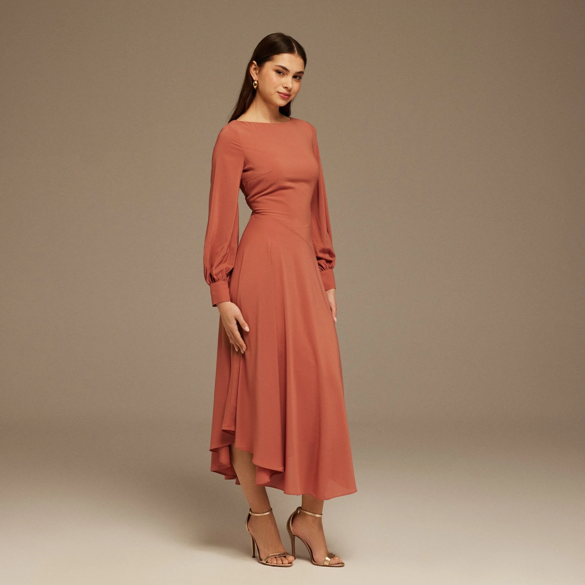Muted Clay Boat Neckline Long Sleeve Chiffon Dress - Image 2