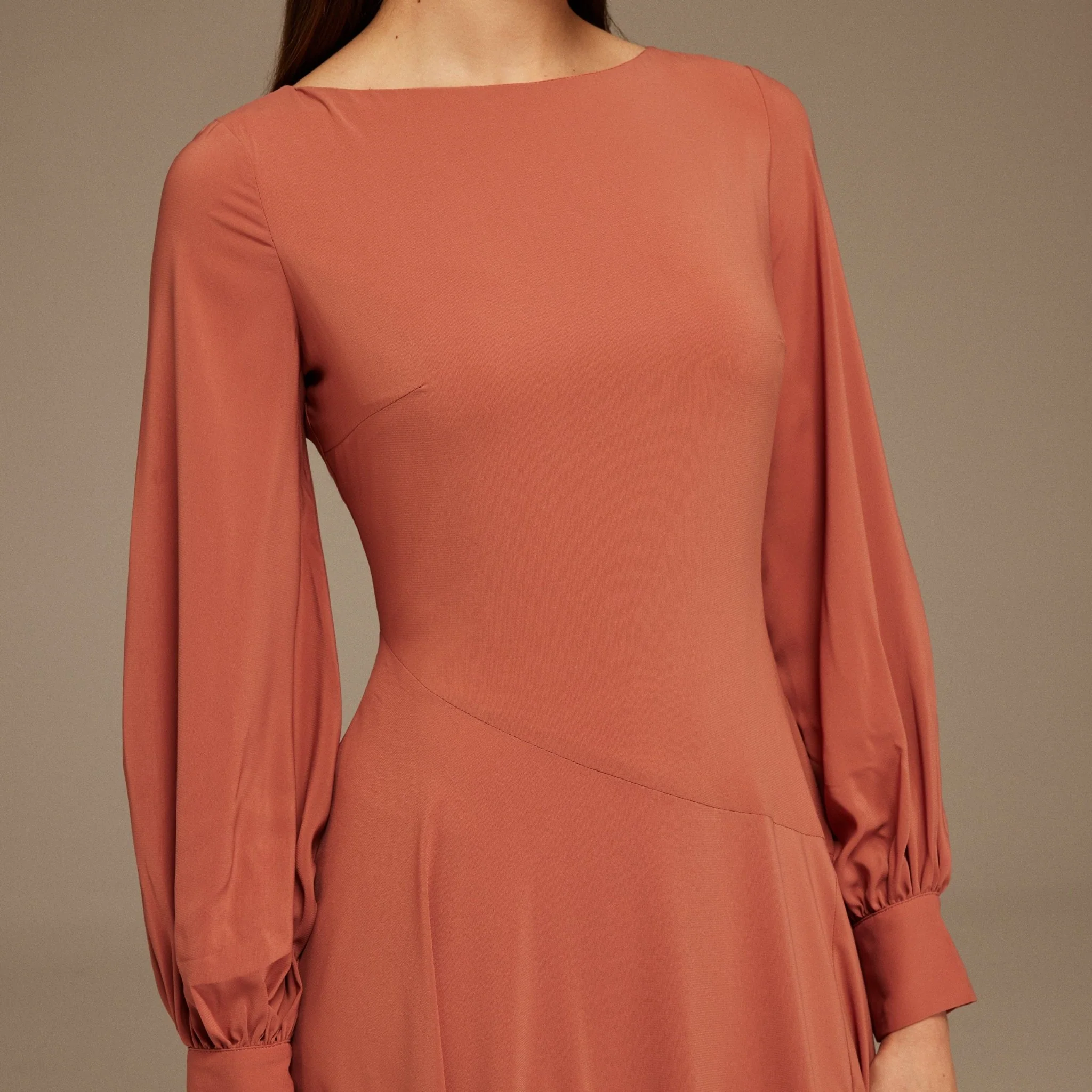 Muted Clay Boat Neckline Long Sleeve Chiffon Dress - Image 3