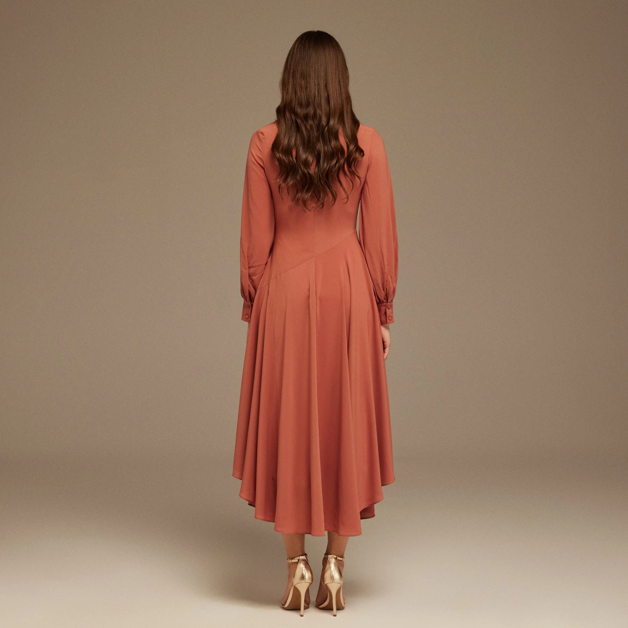 Muted Clay Boat Neckline Long Sleeve Chiffon Dress - Image 4