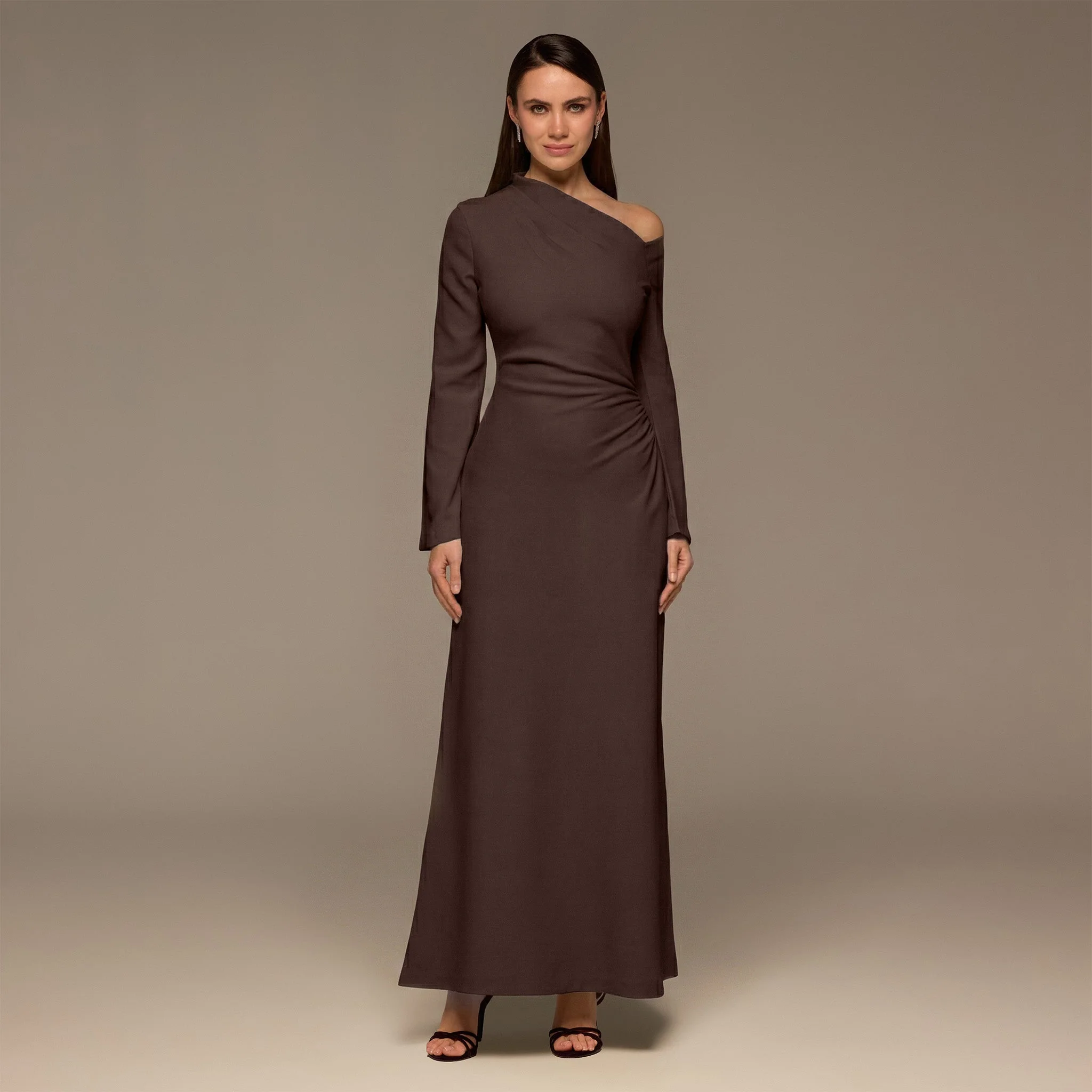 Brown Bare shoulder Crepe Maxi Dress