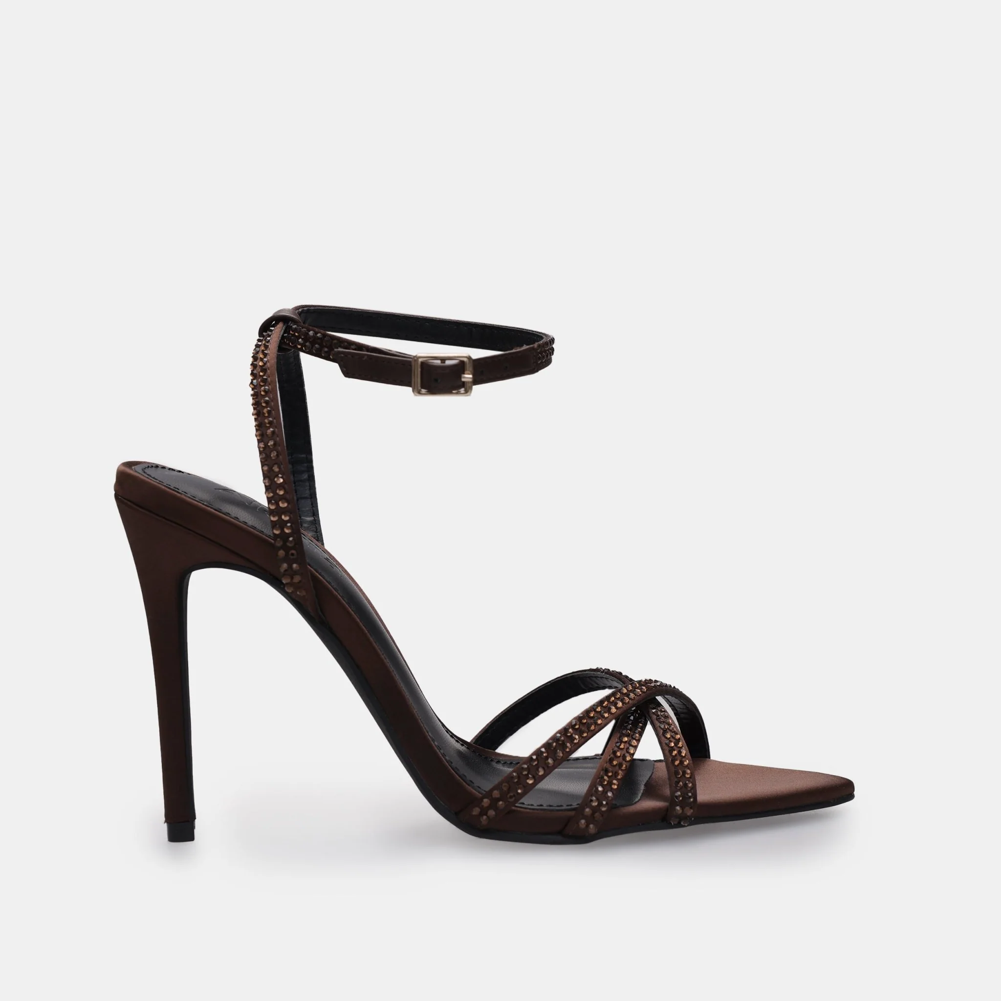 Brown Satin High Heel Sandals with Crystals - Image 2