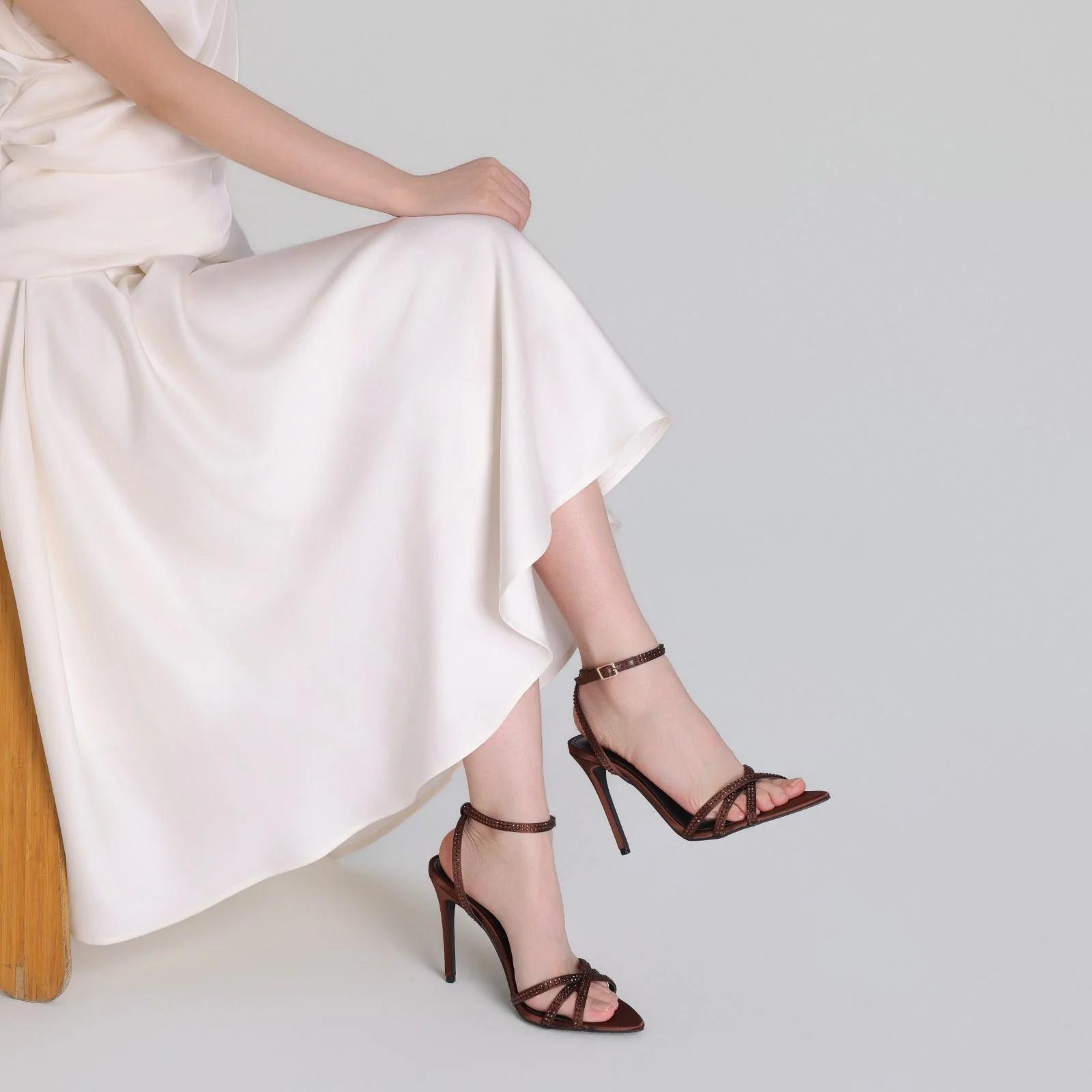 Brown Satin High Heel Sandals with Crystals - Image 5