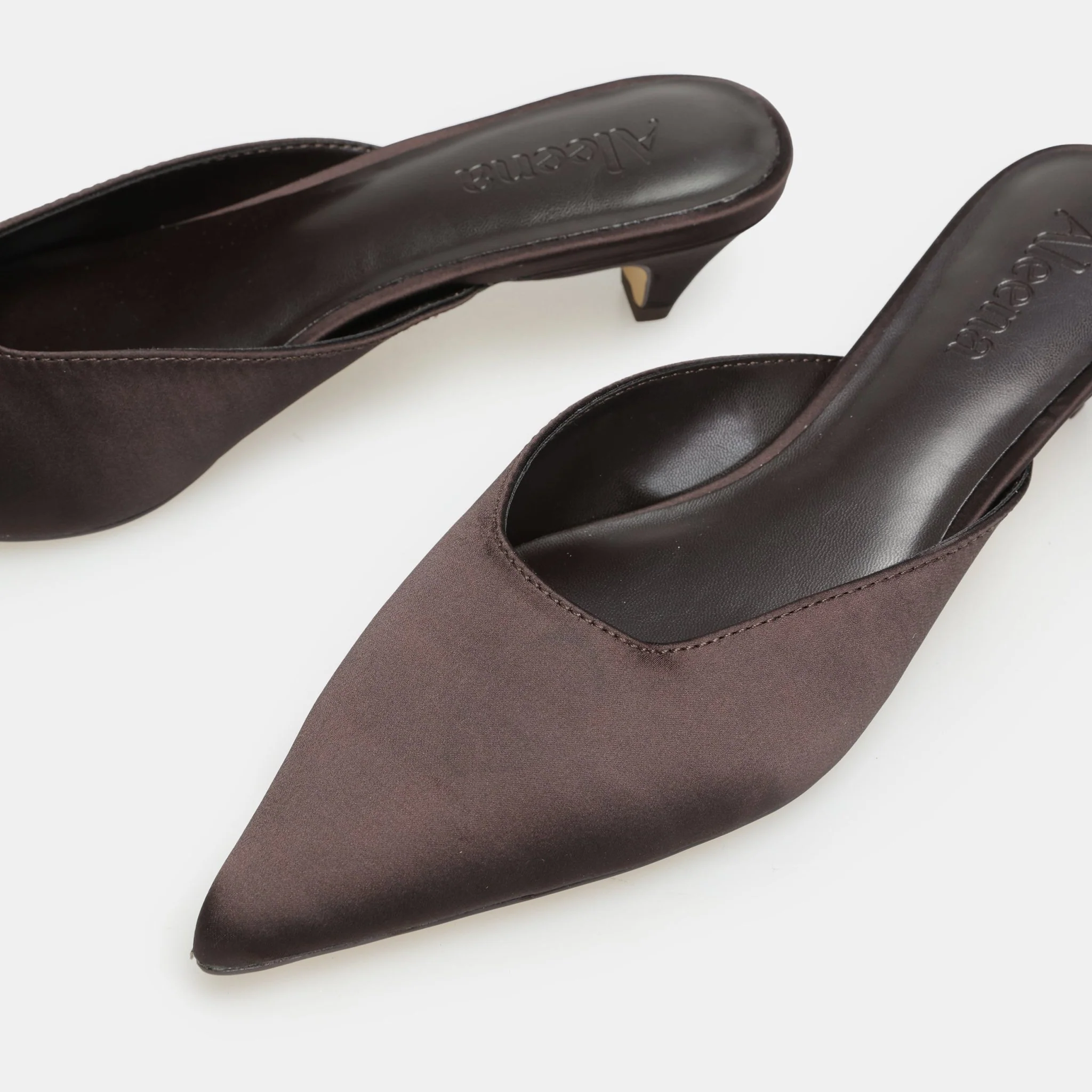 Brown Satin Pointed Toe Mules