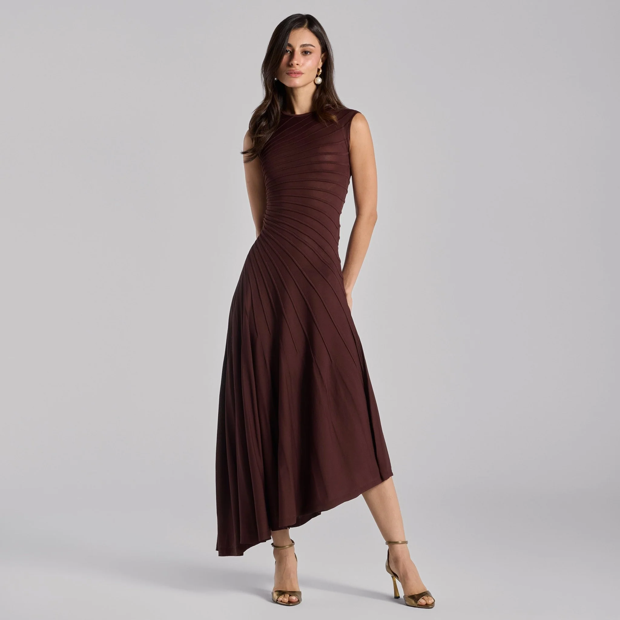 Brown Asymmetric Knit Midi Dress