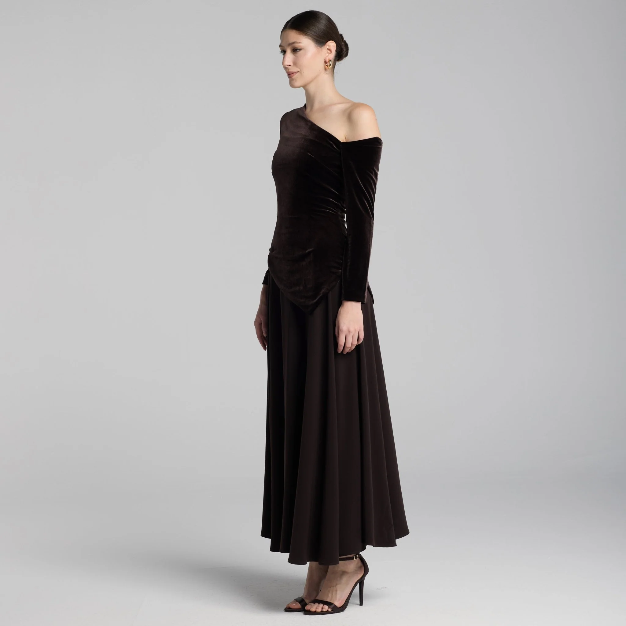 Brown Asymmetric Velvet and Crepe A-Line Dress - Image 2