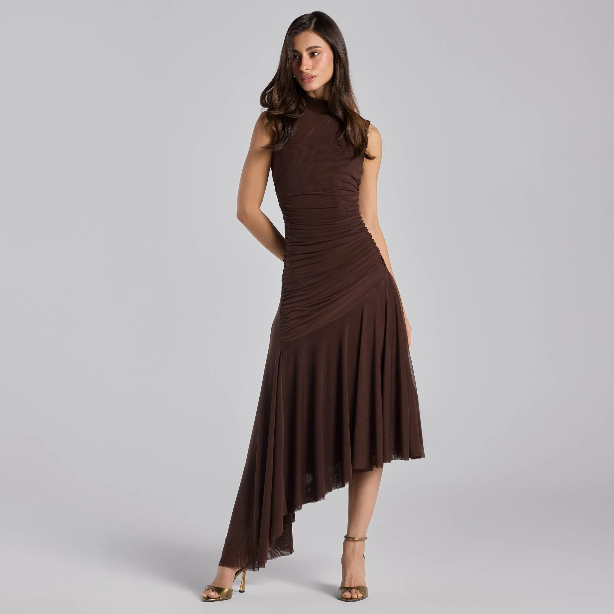 Brown Ruched Ruffle Midi Dress