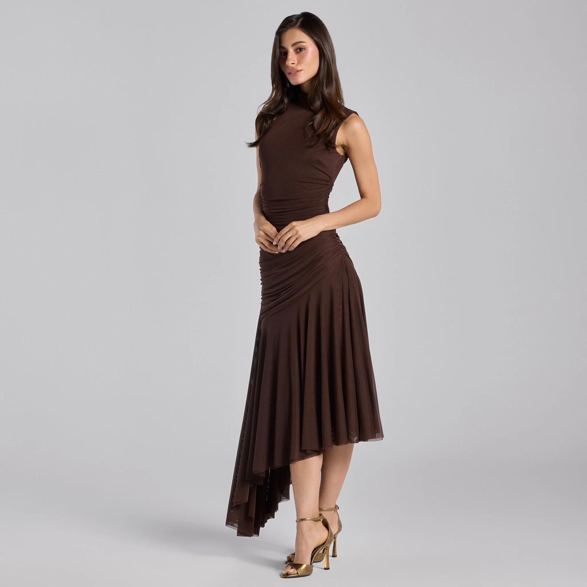 Brown Ruched Ruffle Midi Dress - Image 2