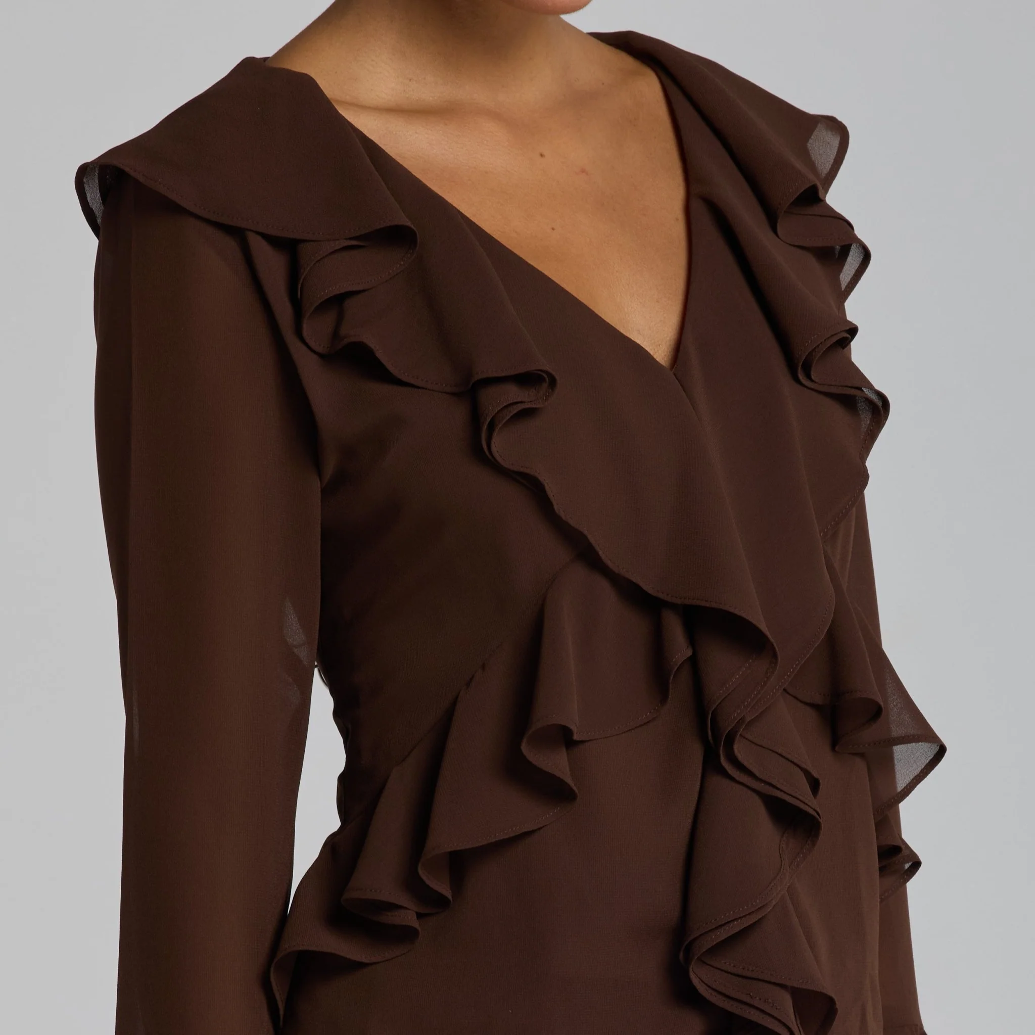 Brown Chiffon Ruffle Top & Skirt Set - Image 3