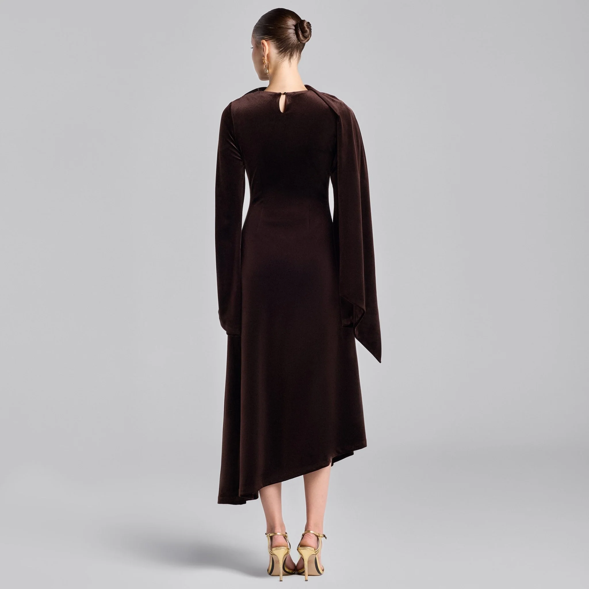 Brown Cowl Neck Draped Velvet Midi Dress - Image 3