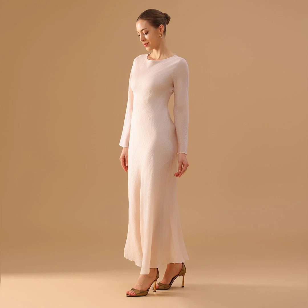 White Crepe Dress with Flared Long Sleeves - Image 2