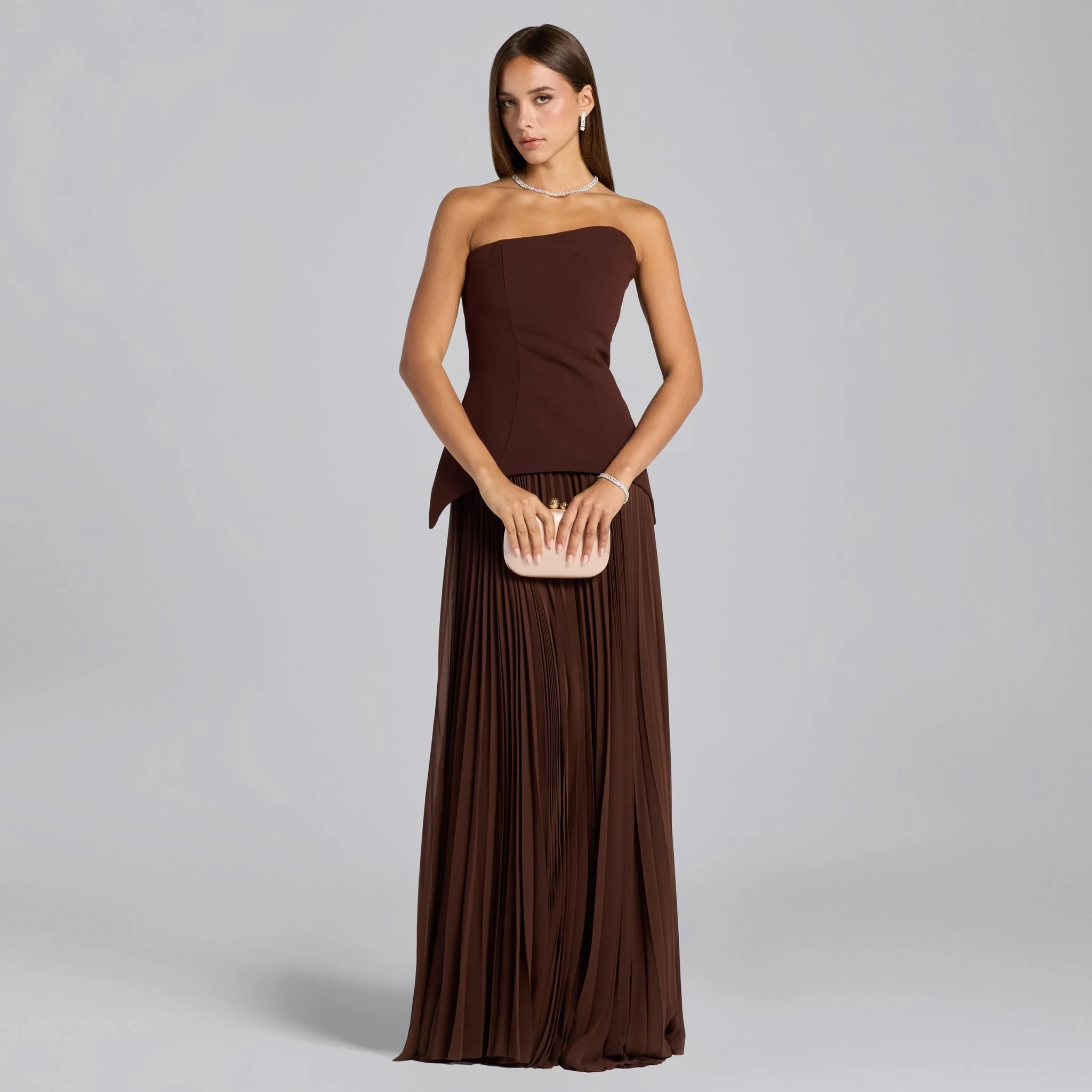 Brown Crepe & Chiffon One Shoulder Dress with Pleated Skirt