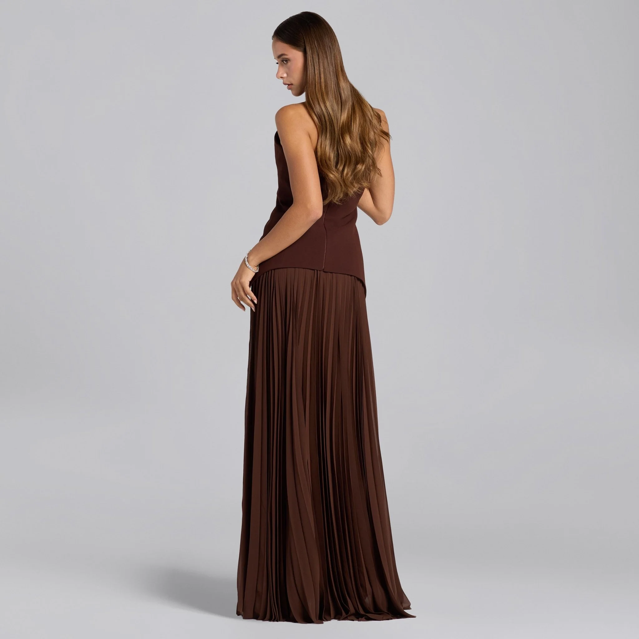 Brown Crepe & Chiffon One Shoulder Dress with Pleated Skirt - Image 4