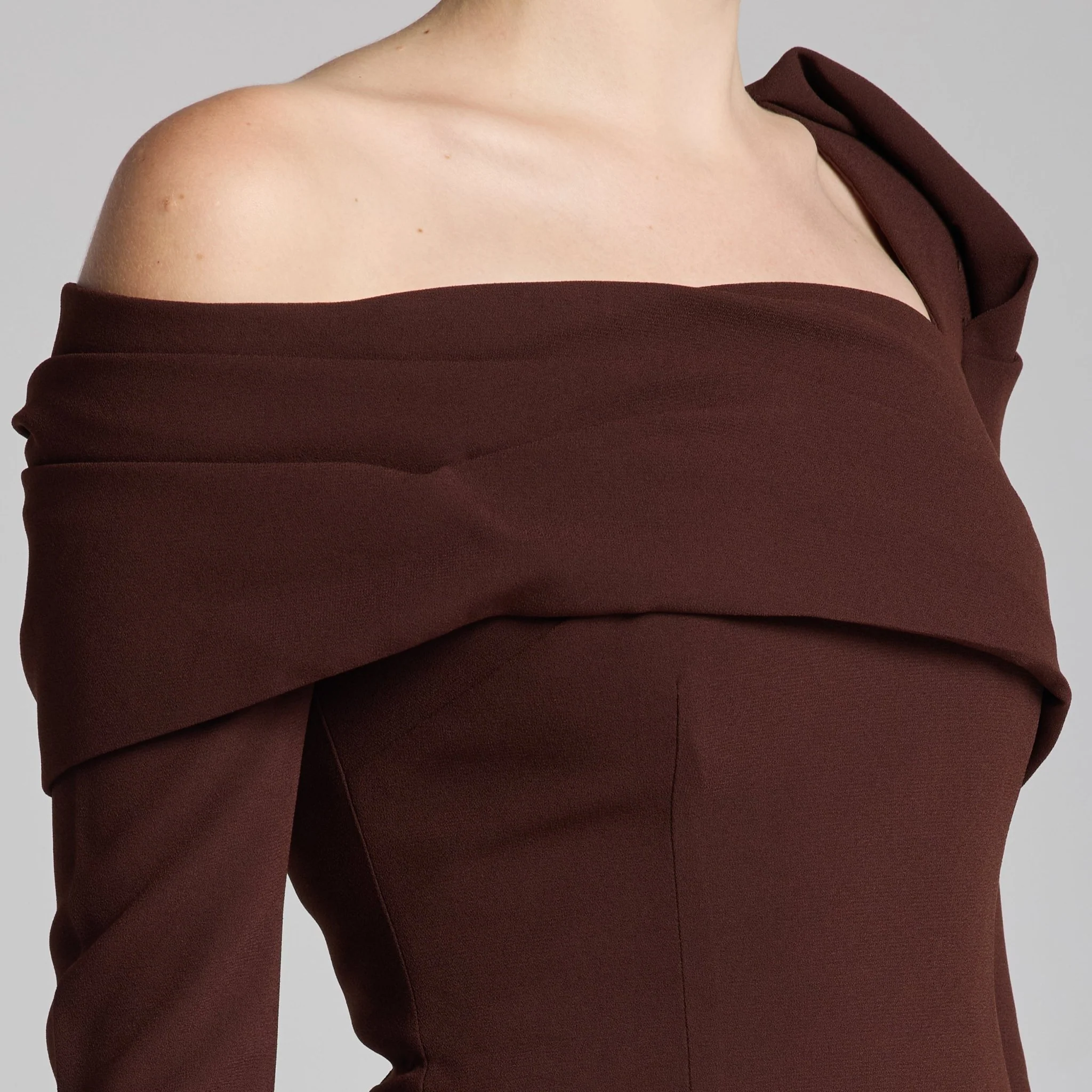 Brown Crepe Off Shoulder Draped Maxi Dress - Image 3