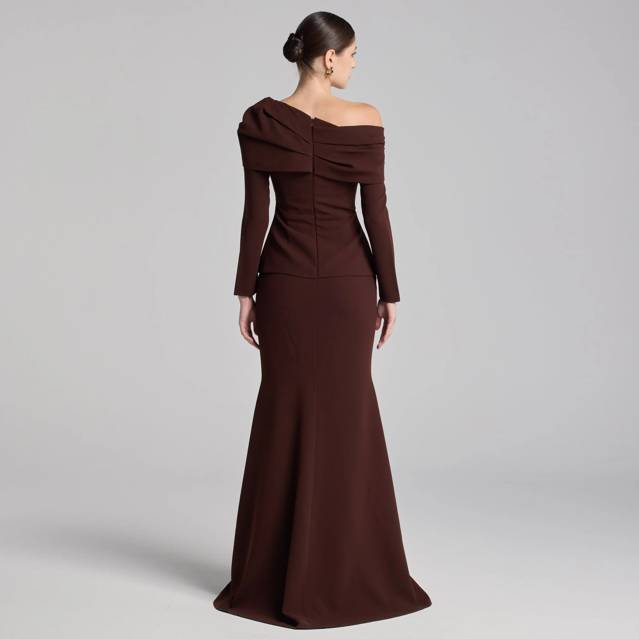 Brown Crepe Off Shoulder Draped Maxi Dress - Image 4