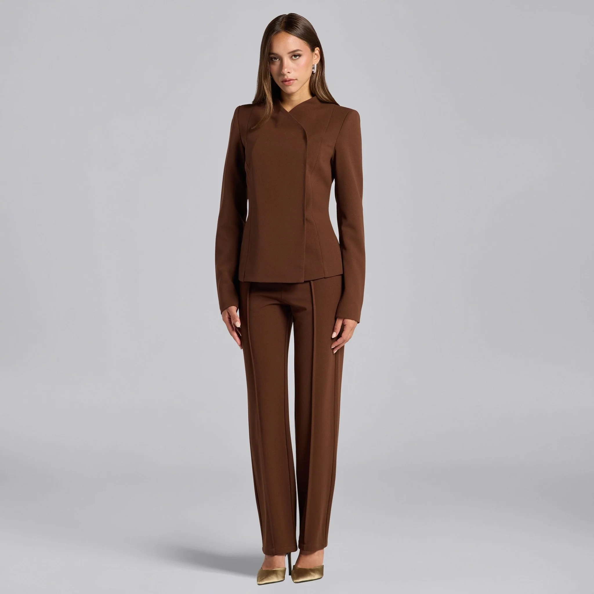 Brown Crepe V-Neck Blazer and High Waist Pants Set