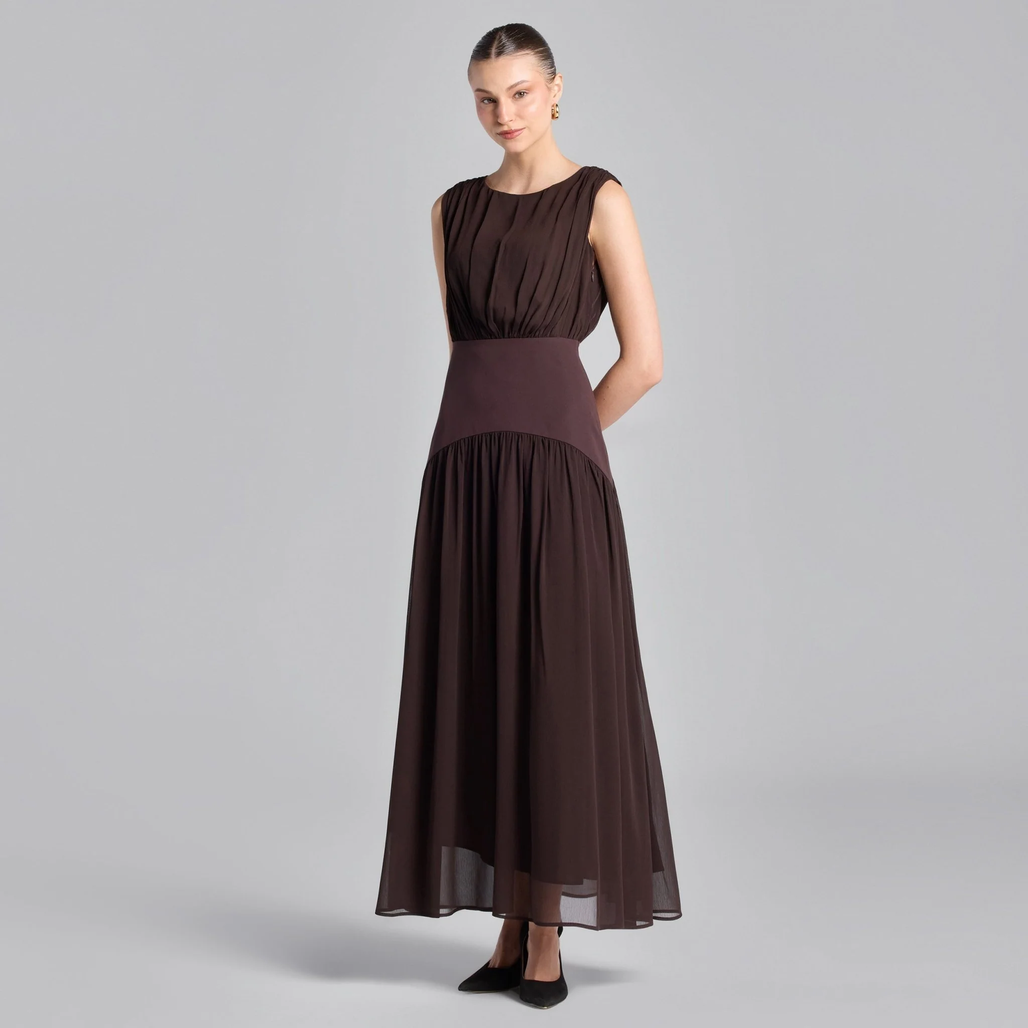Brown Chiffon Maxi Dress with Twill Waistband - Image 4
