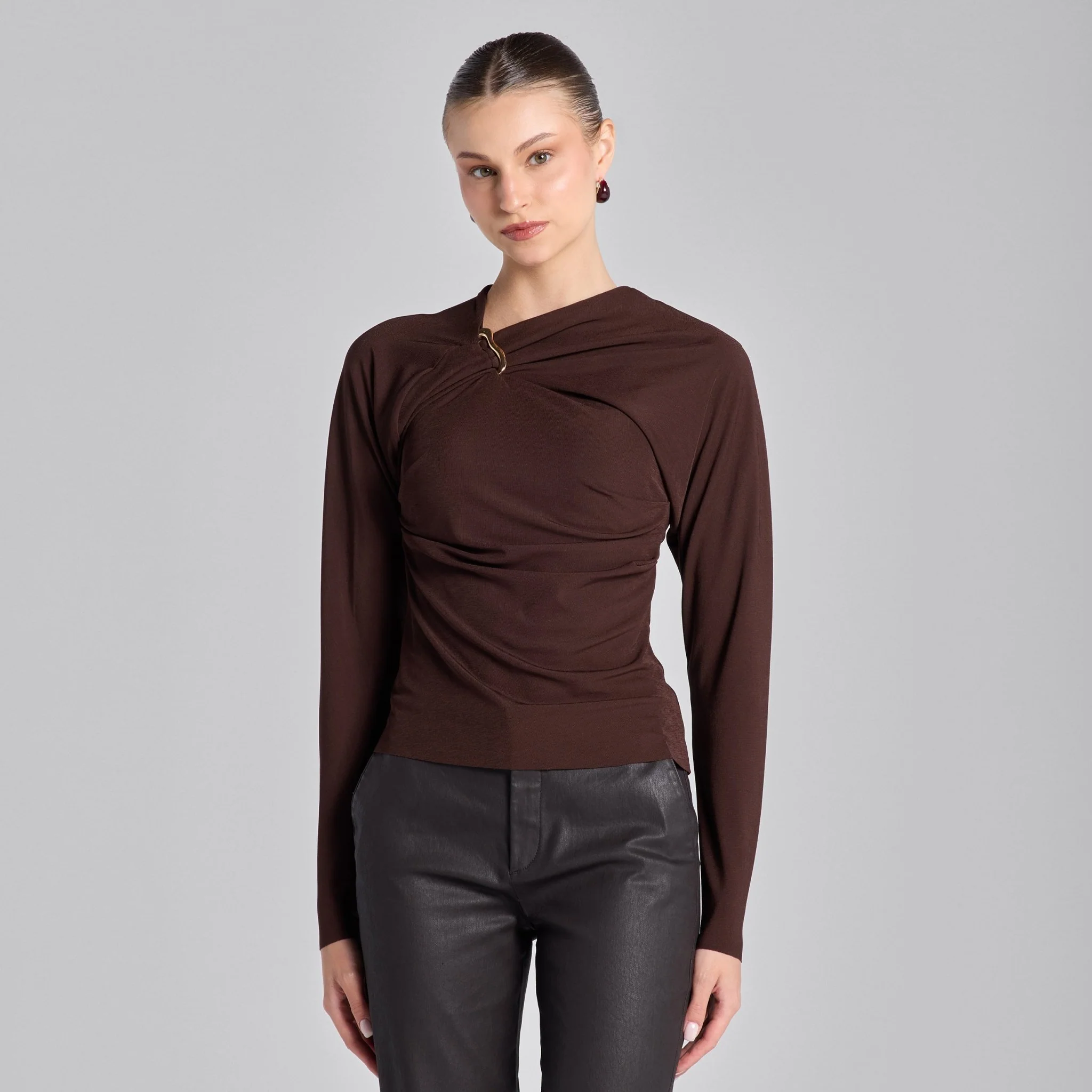Brown Draped Jersey Blouse