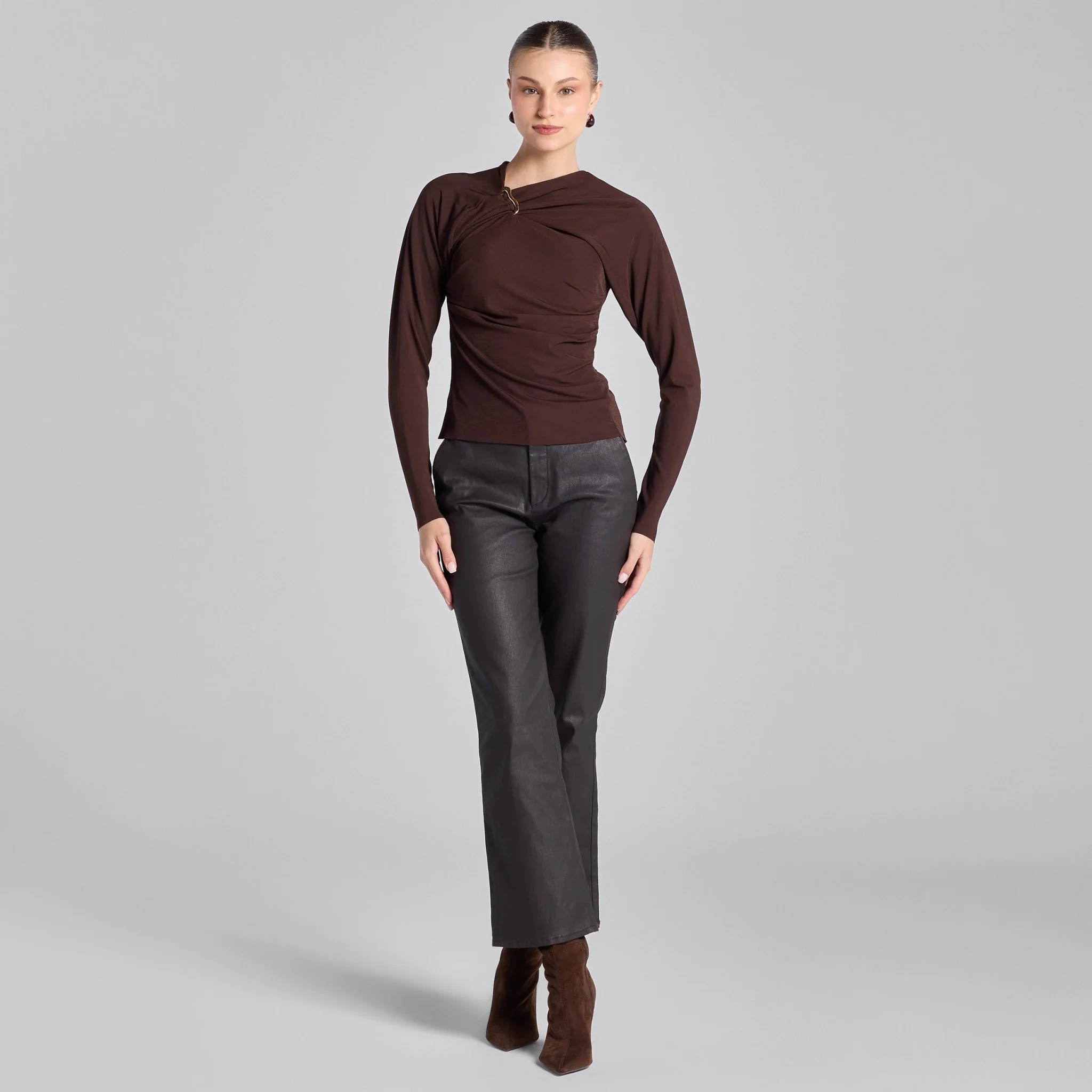 Brown Draped Jersey Blouse - Image 2