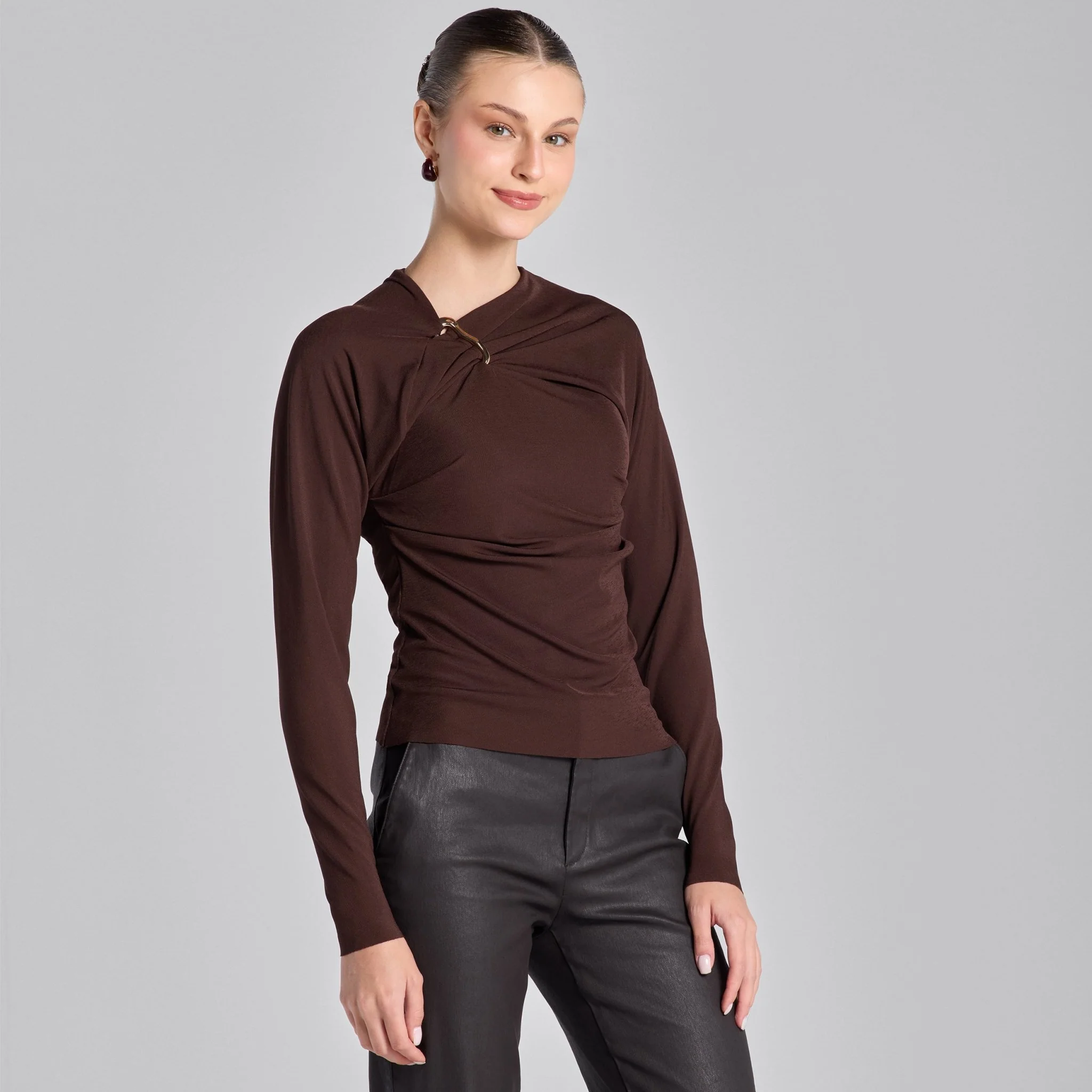 Brown Draped Jersey Blouse - Image 3