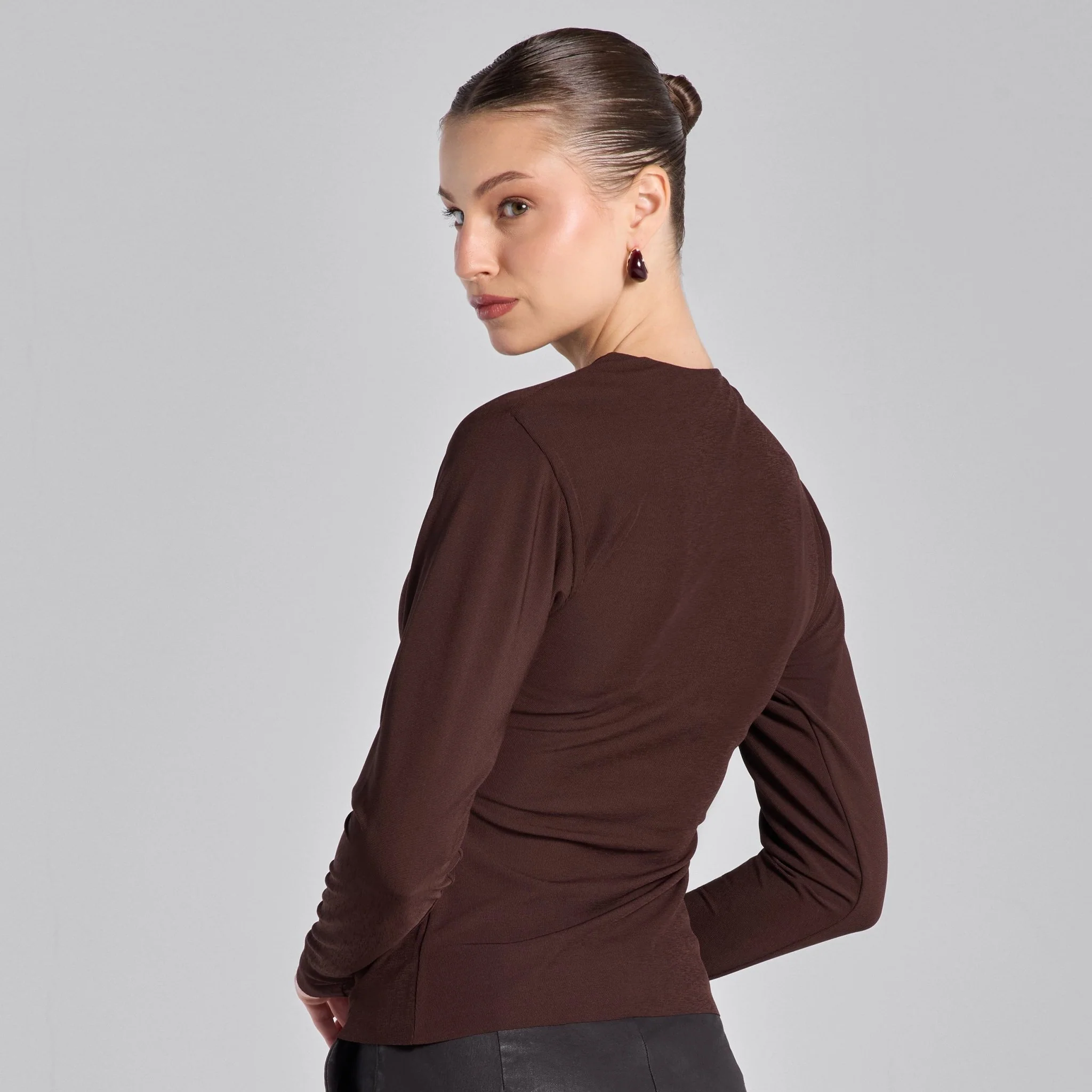 Brown Draped Jersey Blouse - Image 4