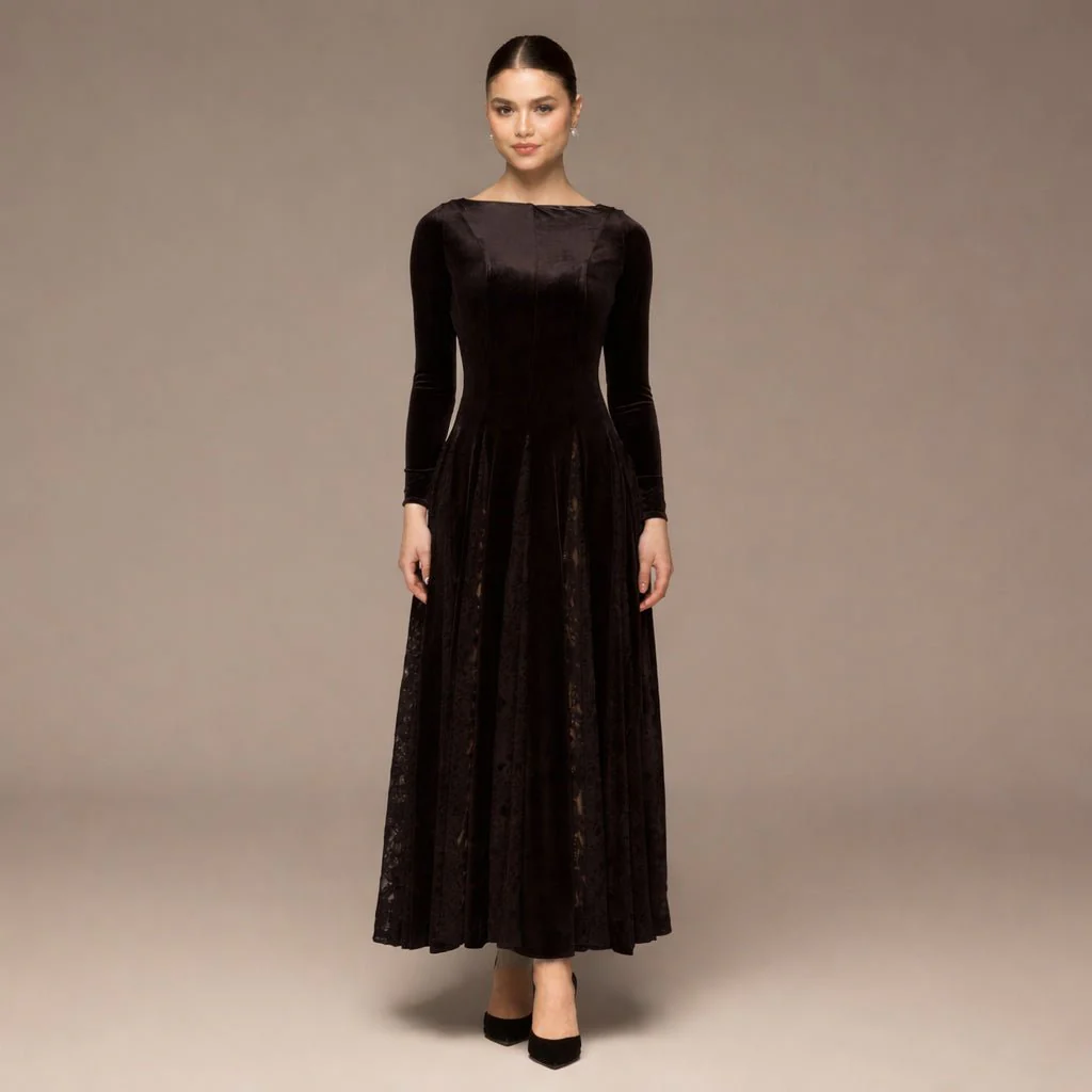 Brown Velvet Maxi Dress with Lace Godets