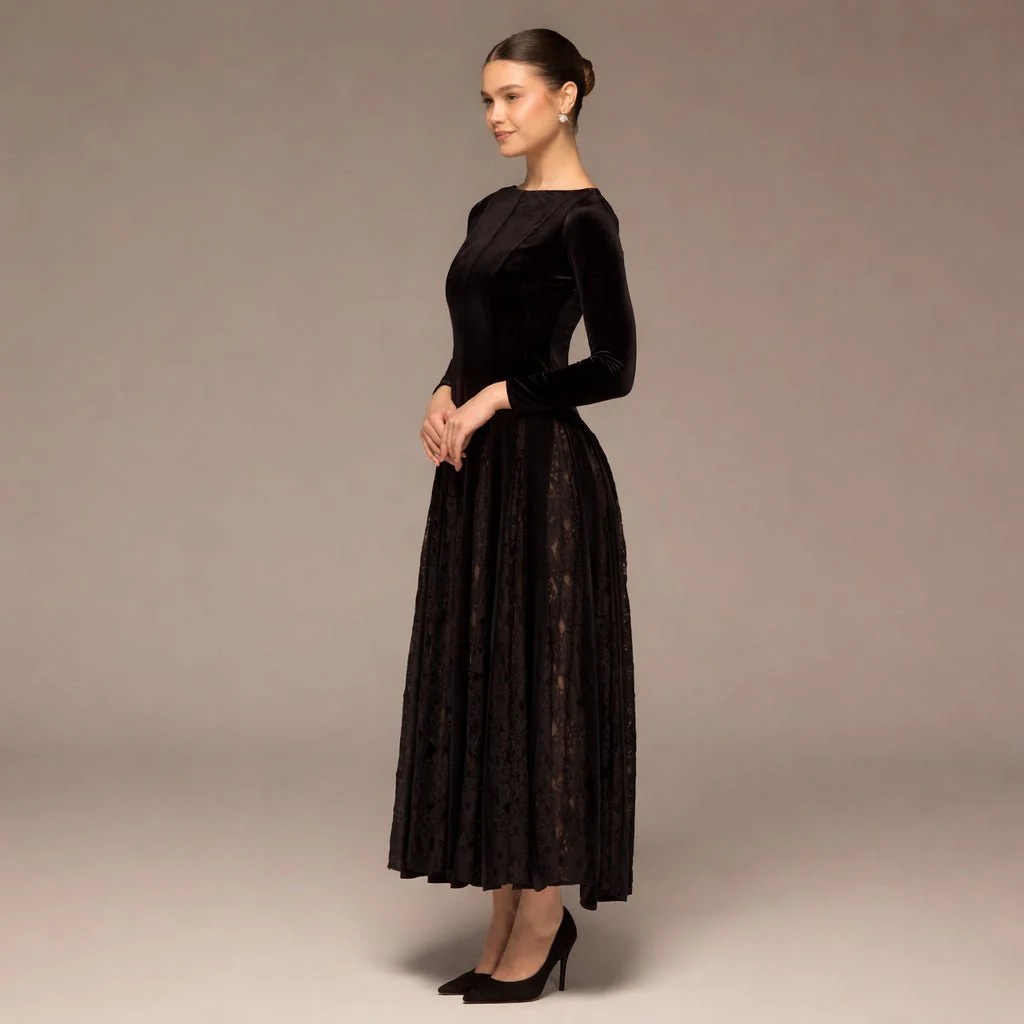 Brown Velvet Maxi Dress with Lace Godets - Image 2