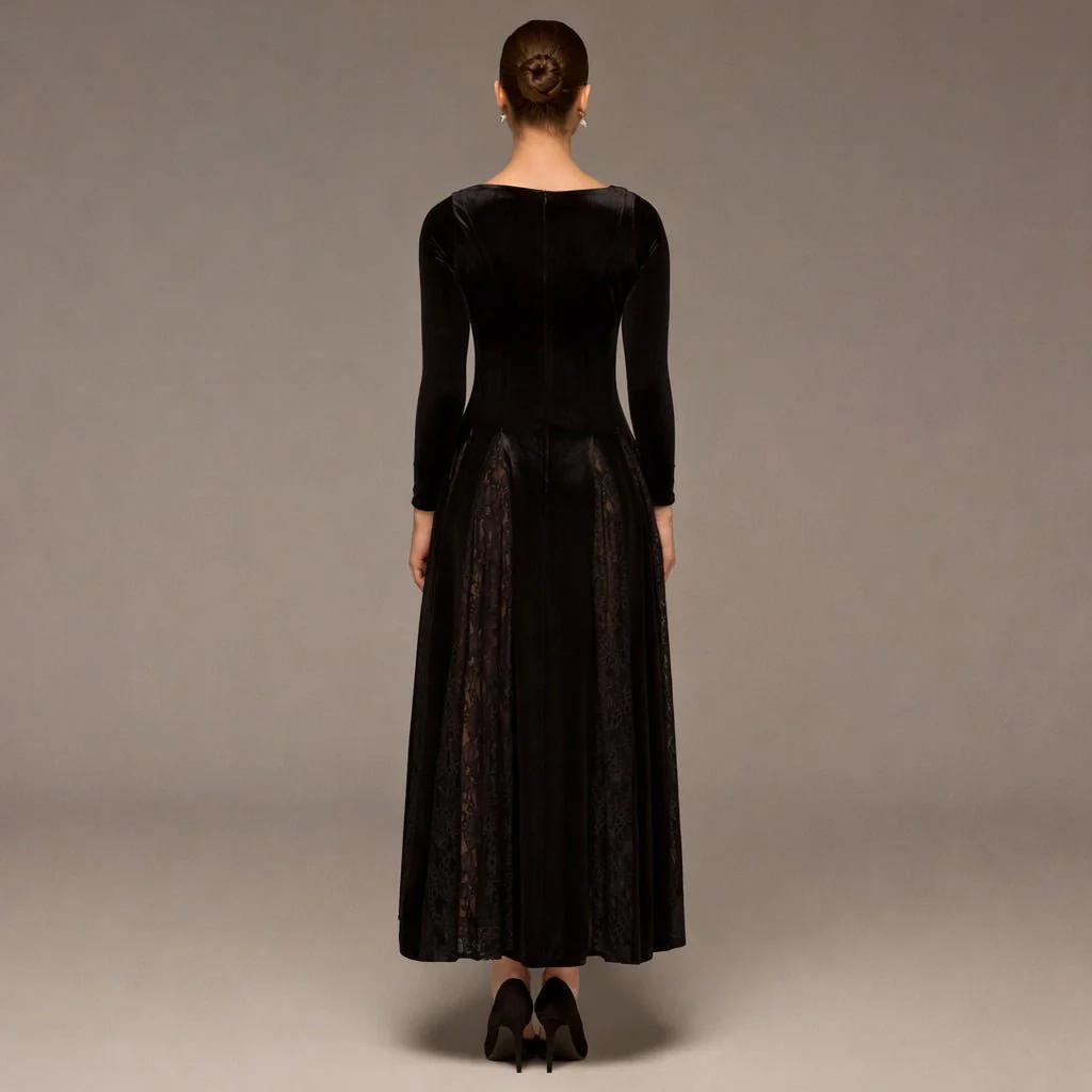 Brown Velvet Maxi Dress with Lace Godets - Image 4