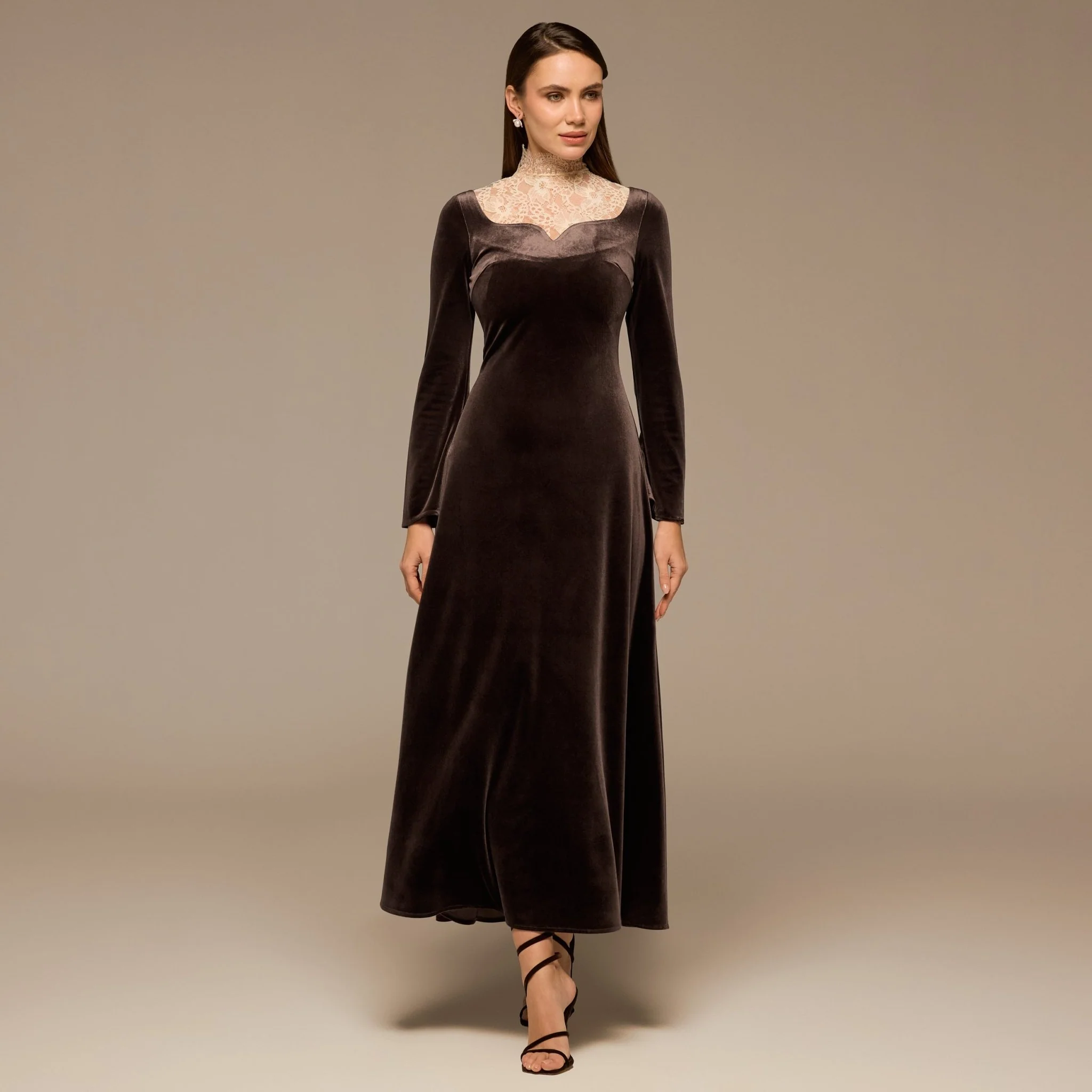 Brown Lace High-Neck Velvet Maxi Dress
