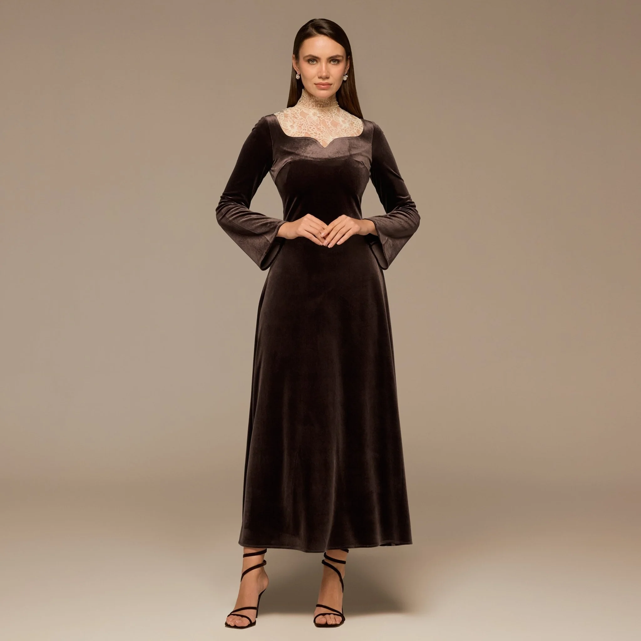 Brown Lace High-Neck Velvet Maxi Dress - Image 2