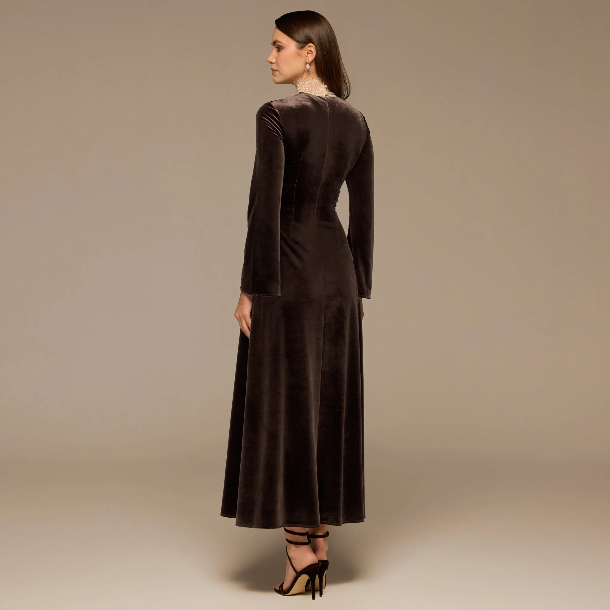 Brown Lace High-Neck Velvet Maxi Dress - Image 5