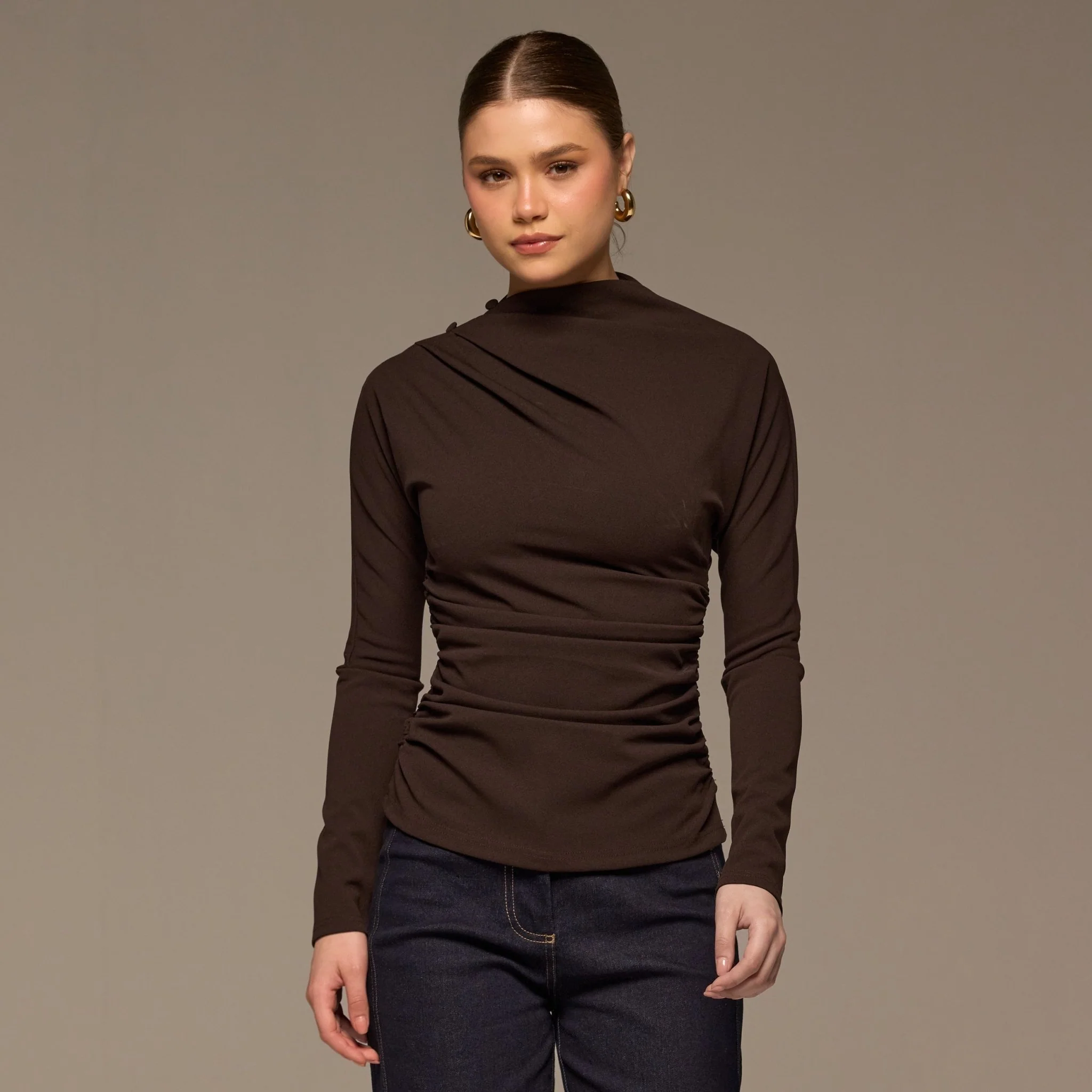 Brown Draped Crepe Blouse