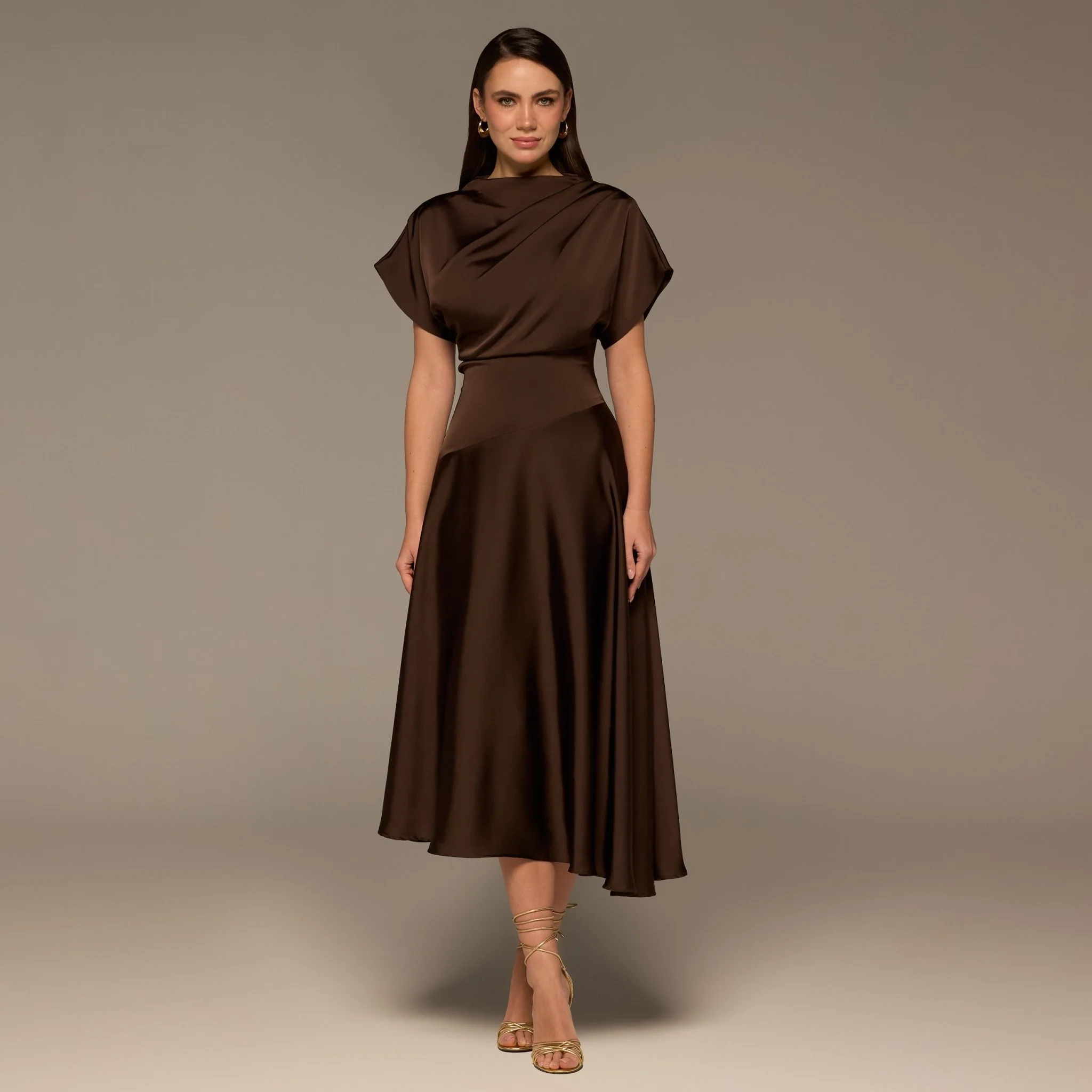 Brown Short Sleeve Asymmetric Satin Dress