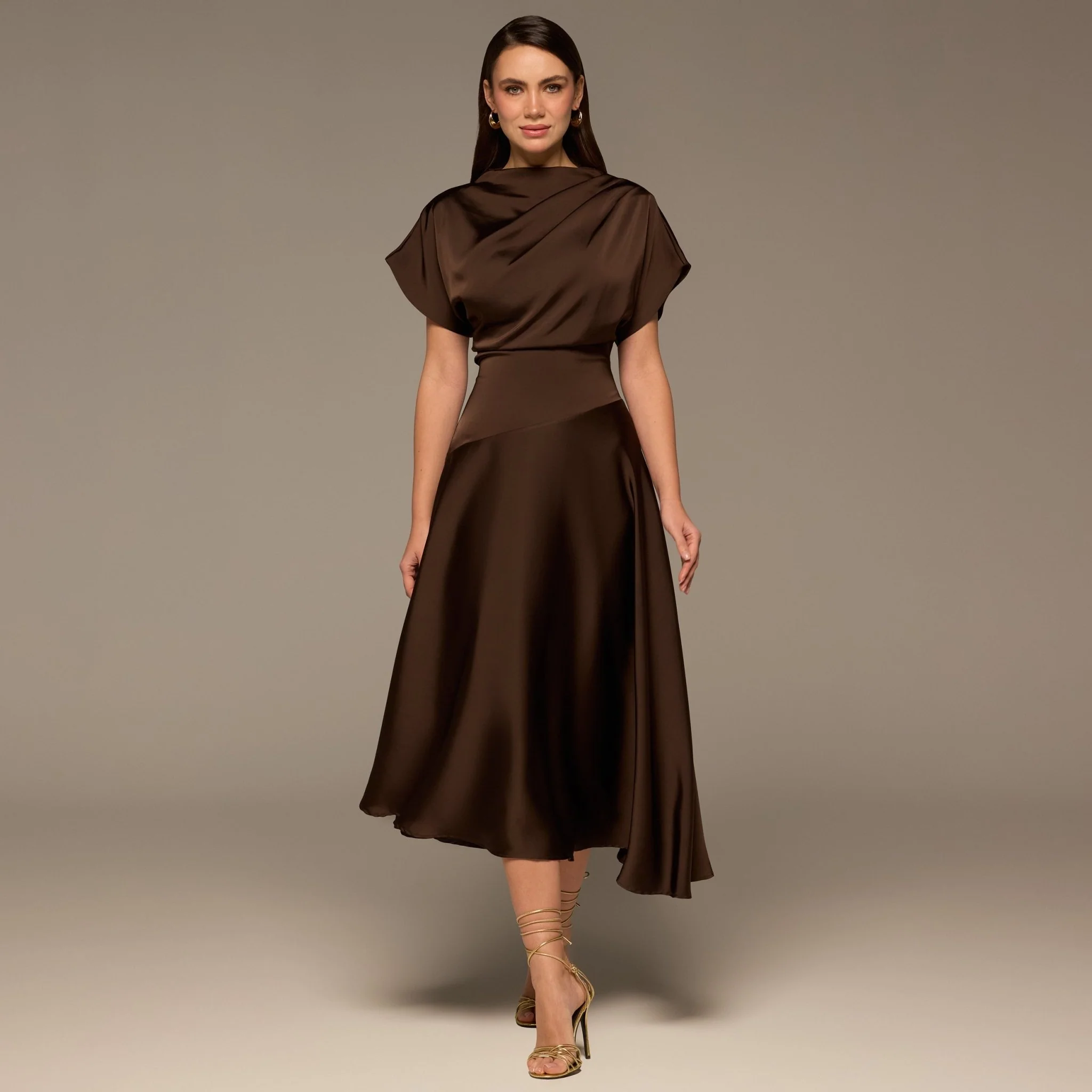 Brown Short Sleeve Asymmetric Satin Dress - Image 2