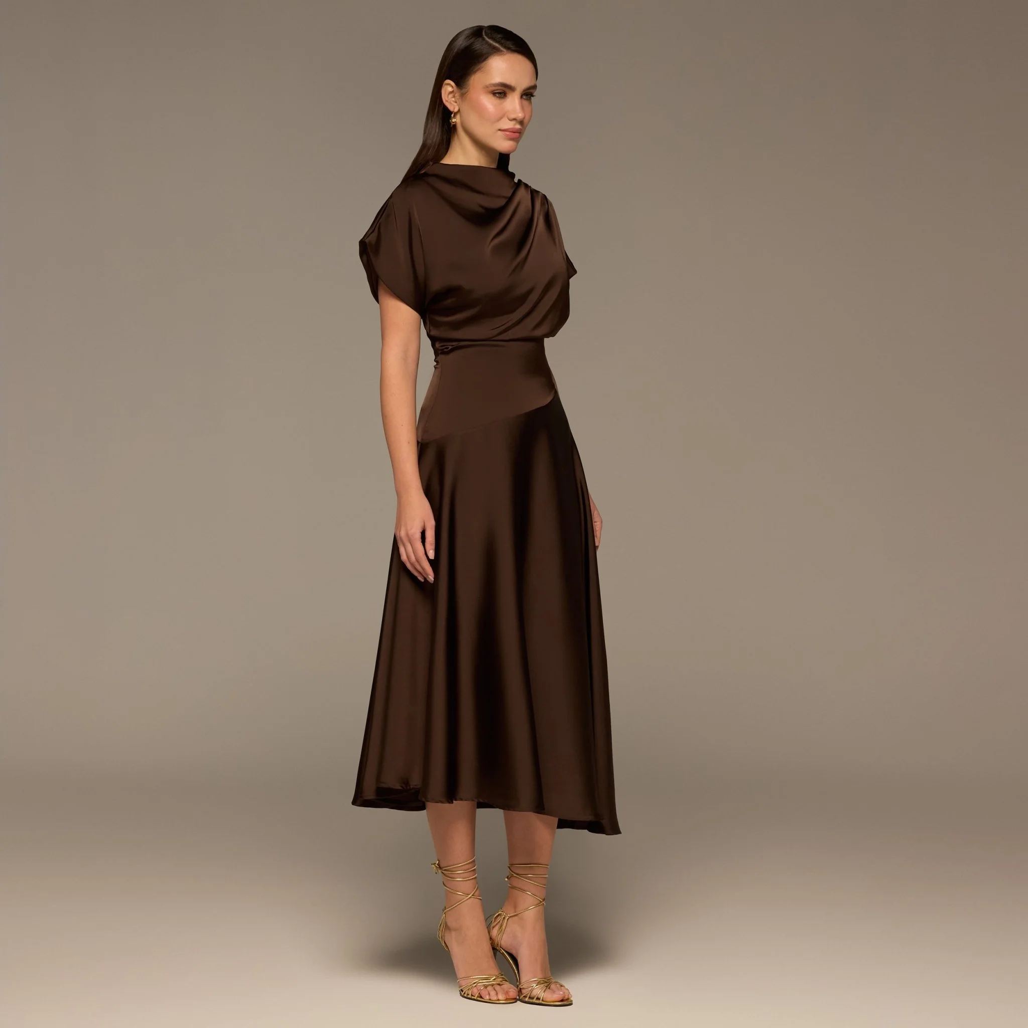 Brown Short Sleeve Asymmetric Satin Dress - Image 3