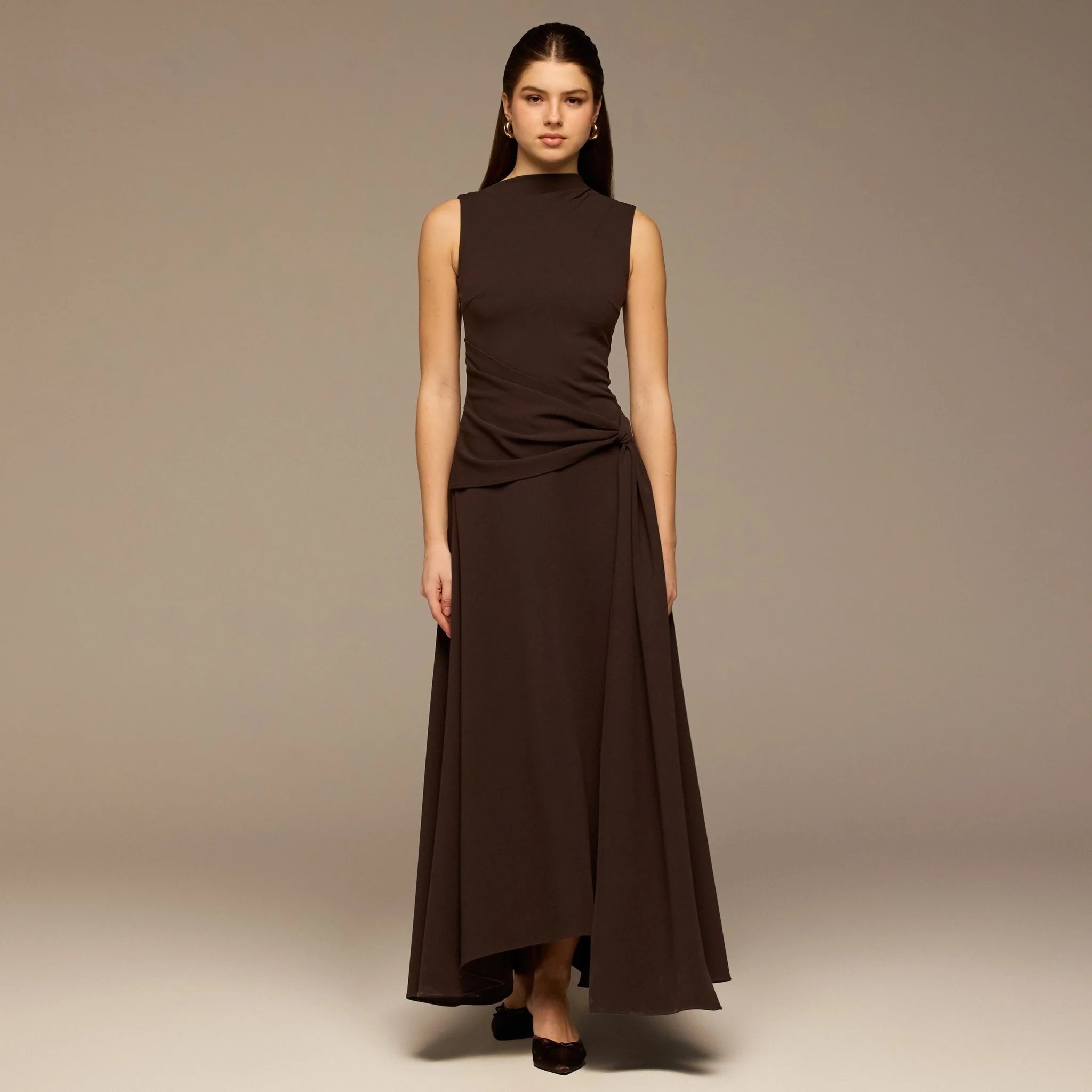 Brown Sleeveless A-line Crepe Maxi Dress
