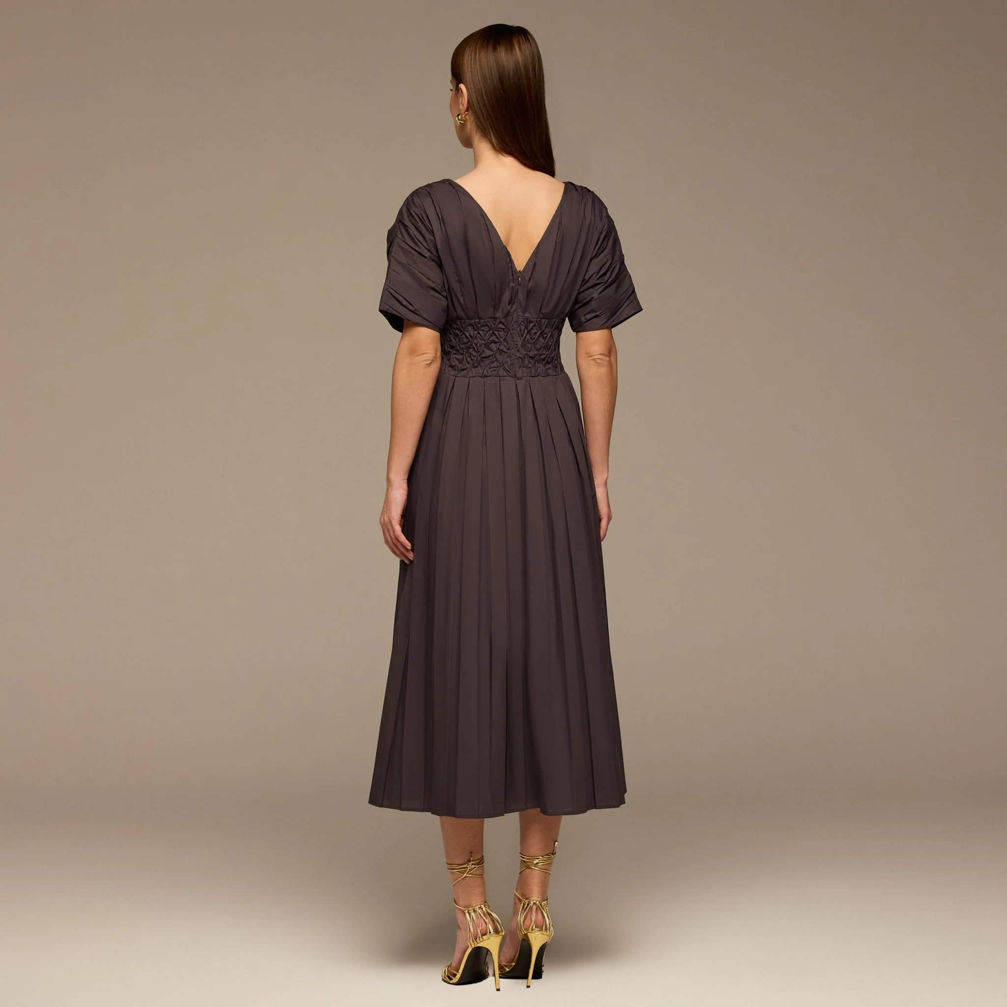 Brown Poplin Cotton Puffy Sleeve Dress - Image 4