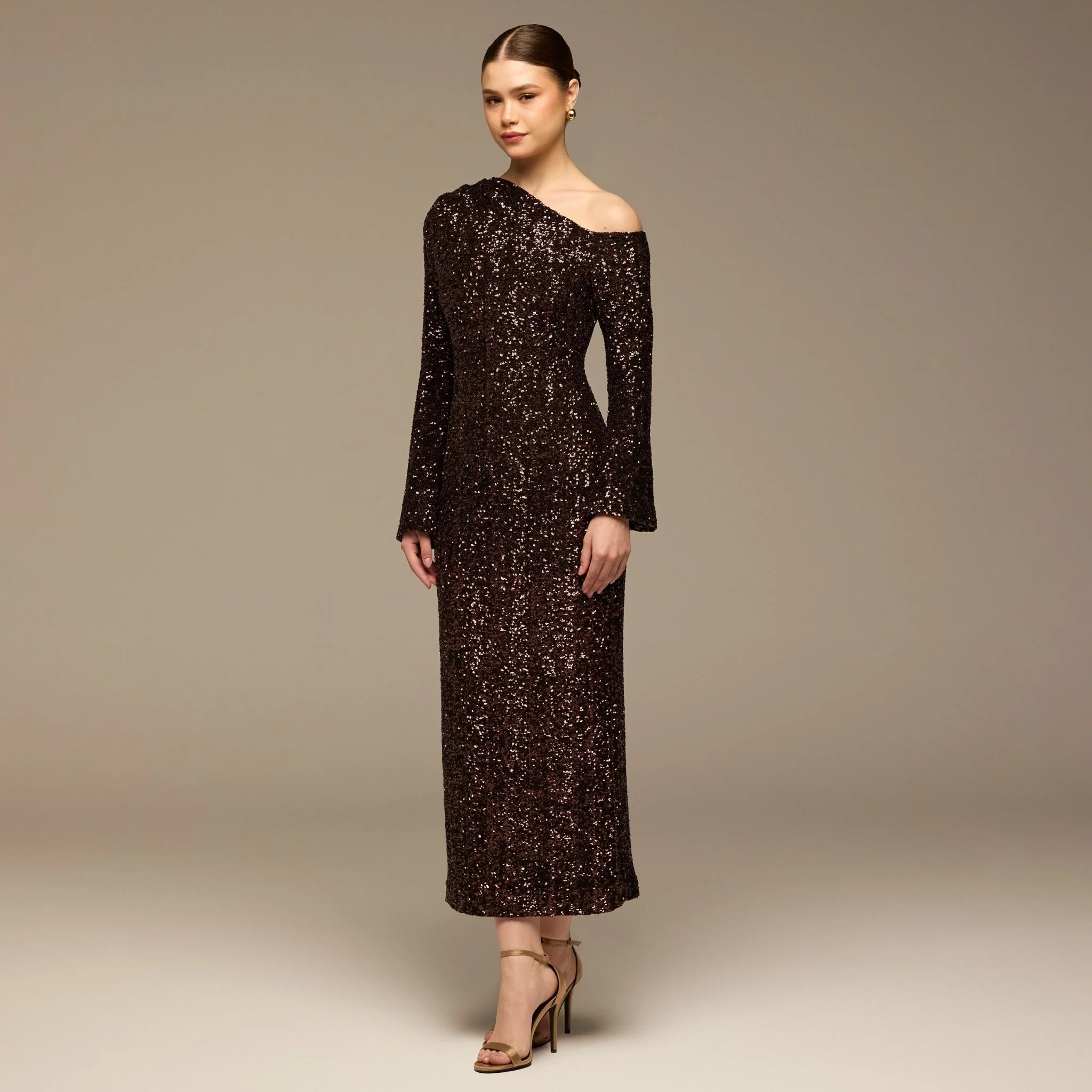 Brown Long-Sleeve Sequin Maxi Dress - Image 2