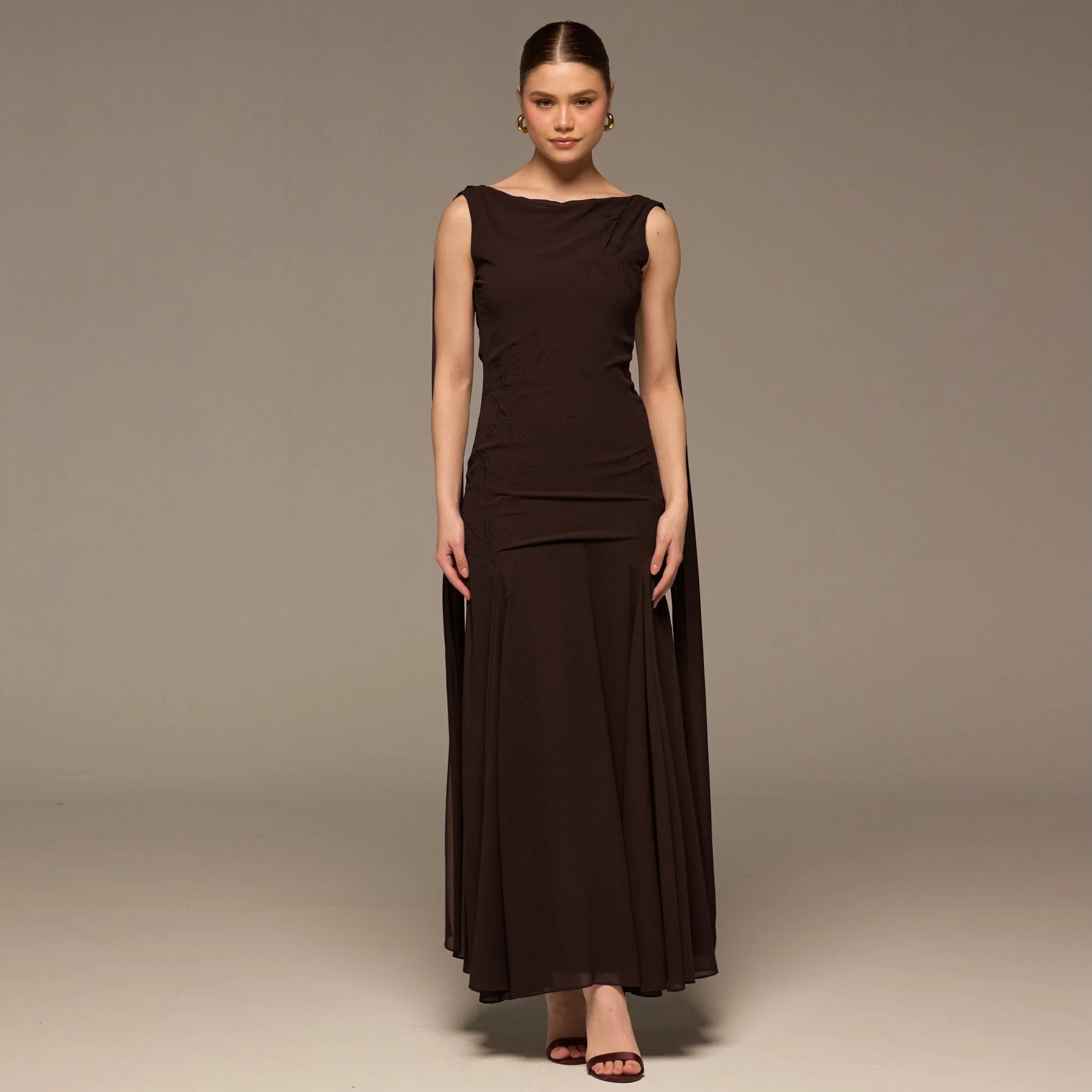 Brown Sleeveless Embroidered Chiffon Maxi Dress