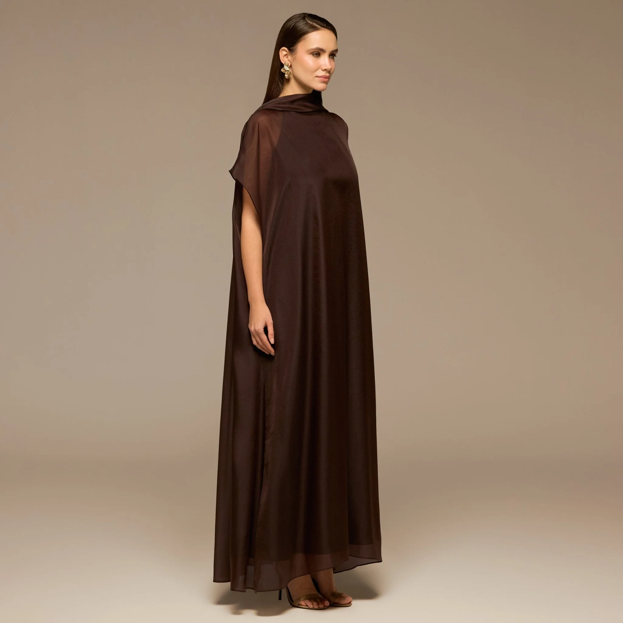 Brown High Neck Maxi Dress With Cape - Image 2