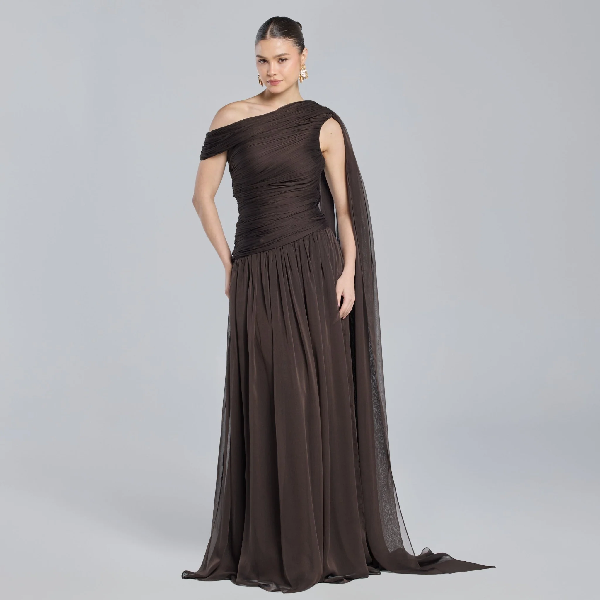 Brown Chiffon Pleated Gown with Back Scarf - Image 2