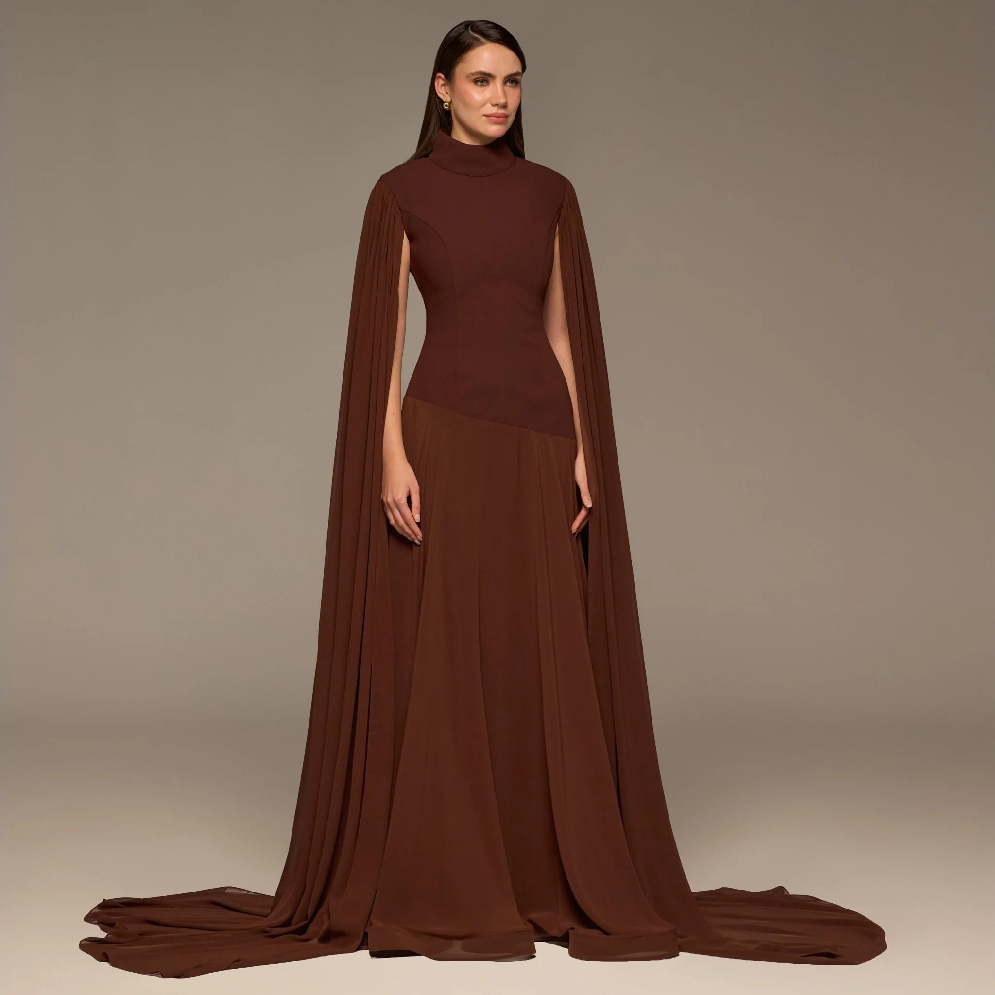 Brown Crepe & Chiffon Cape Sleeve Gown - Image 2