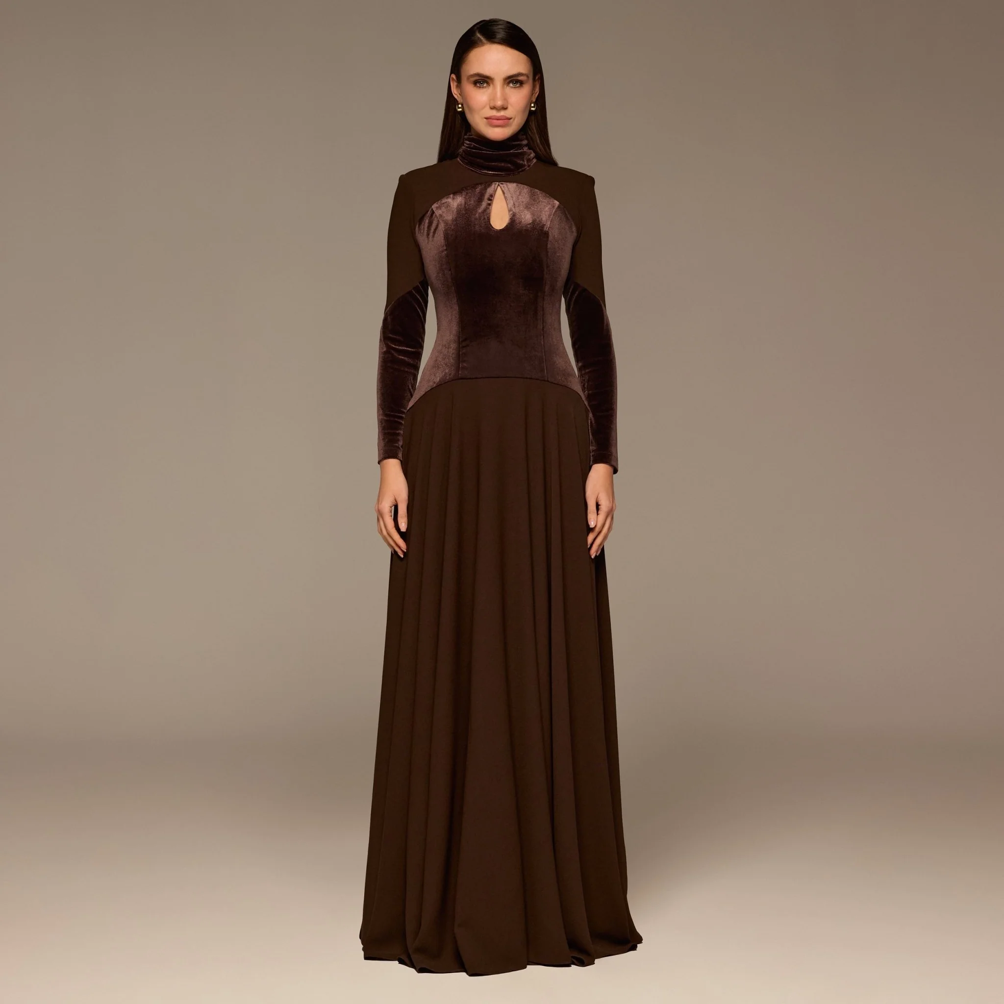 Brown High Neck Crepe and Velvet Maxi Dress