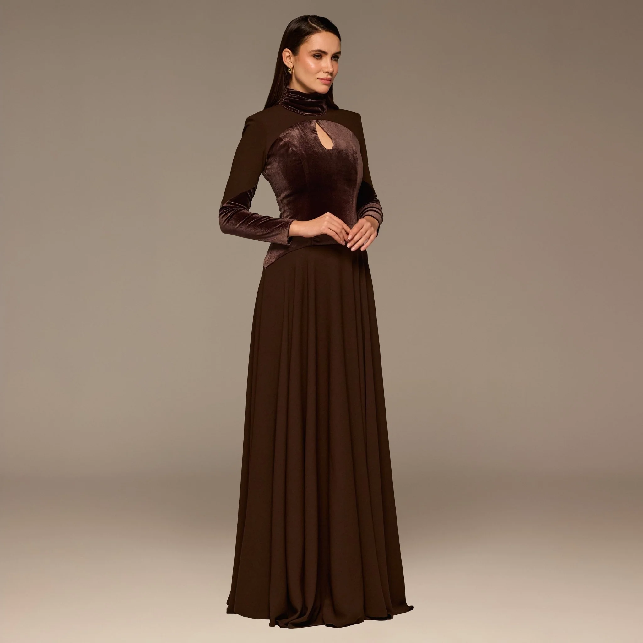 Brown High Neck Crepe and Velvet Maxi Dress - Image 2