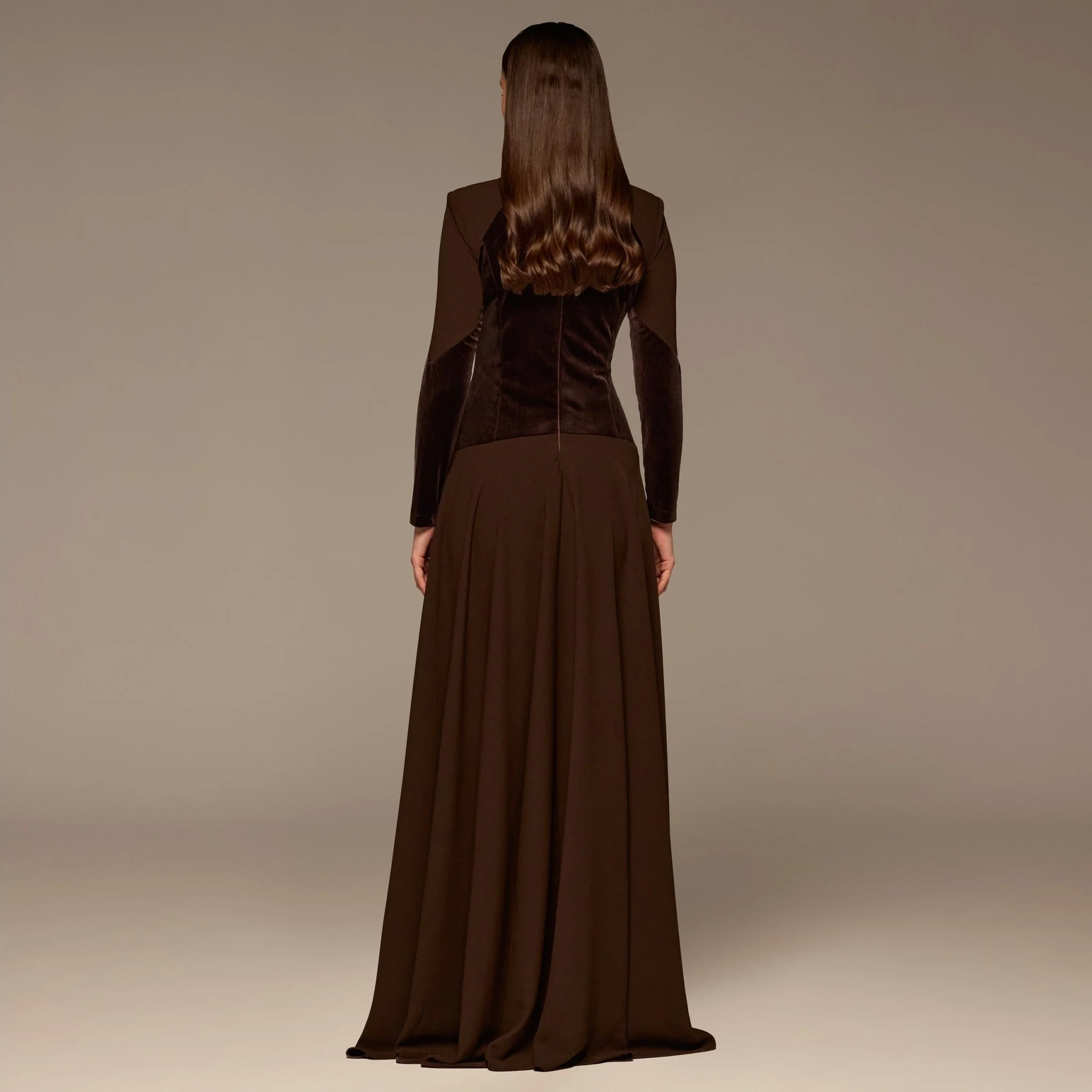 Brown High Neck Crepe and Velvet Maxi Dress - Image 4
