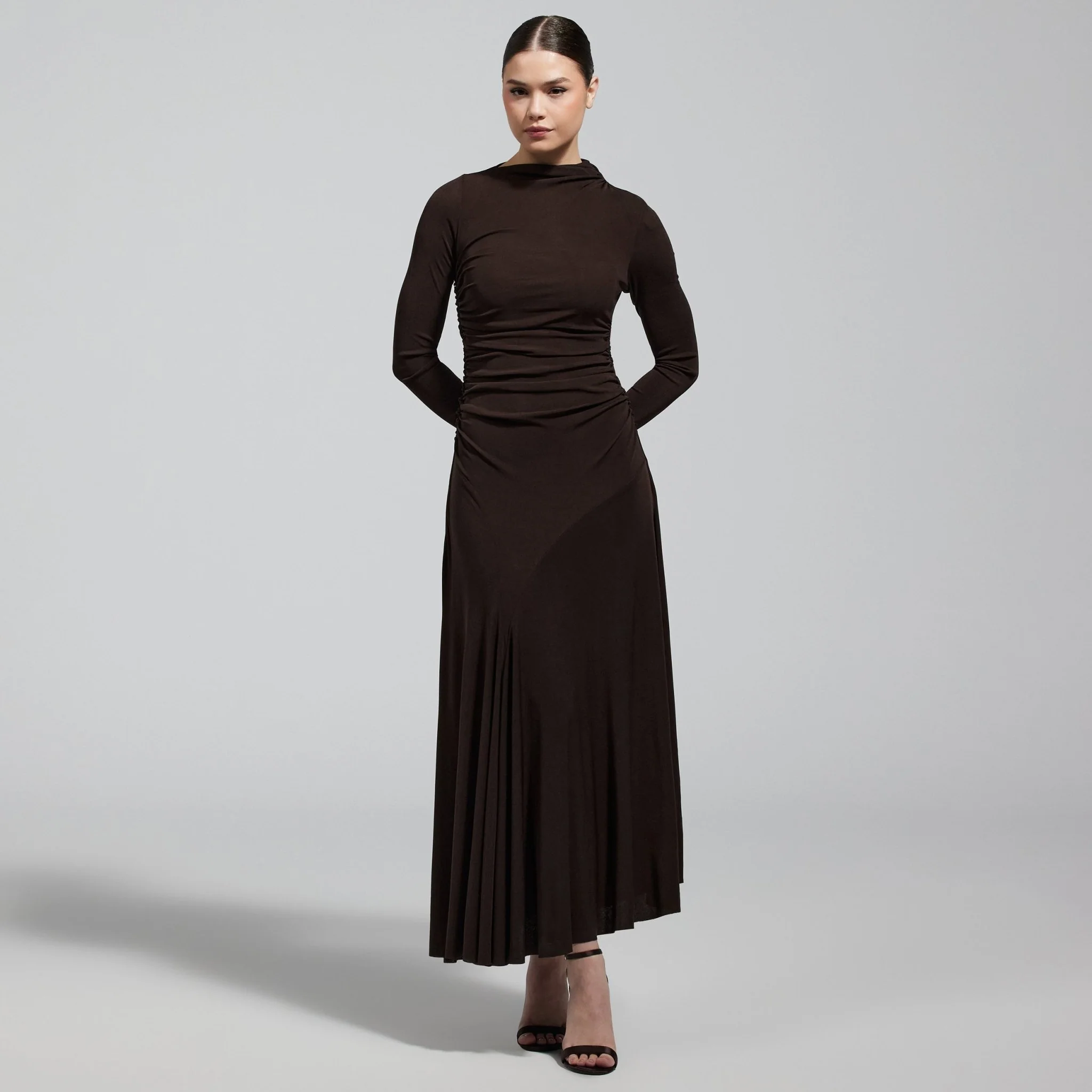 Brown Jersey Asymmetric Neck Midi Dress