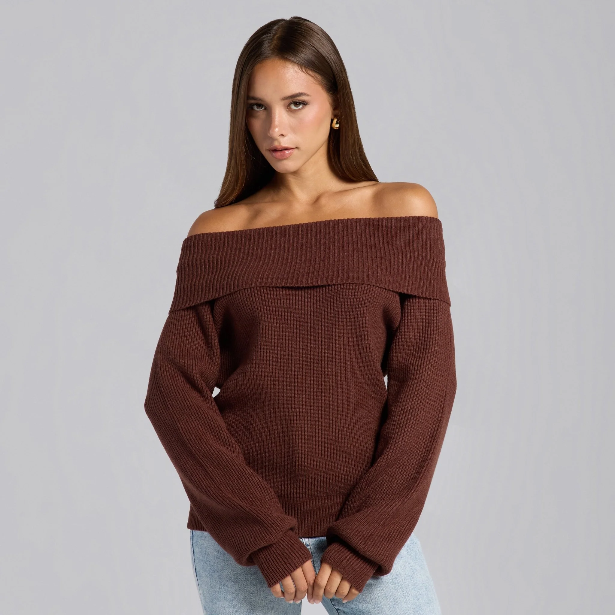 Brown Knit Fold Off Shoulder Balloon Sleeve Sweater