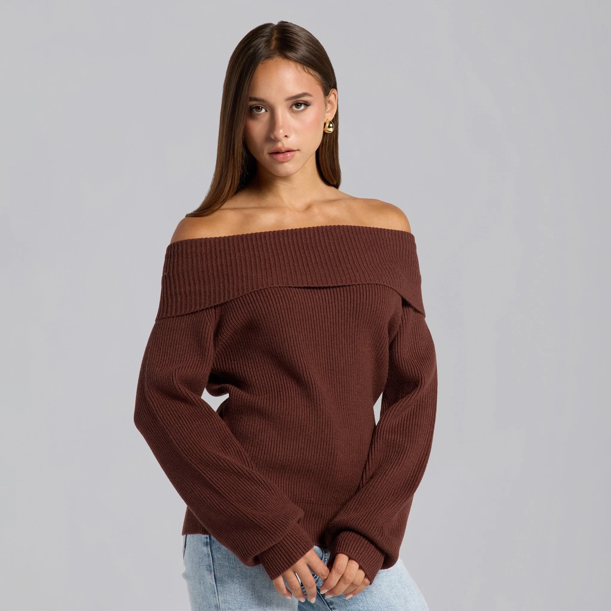 Brown Knit Fold Off Shoulder Balloon Sleeve Sweater - Image 2
