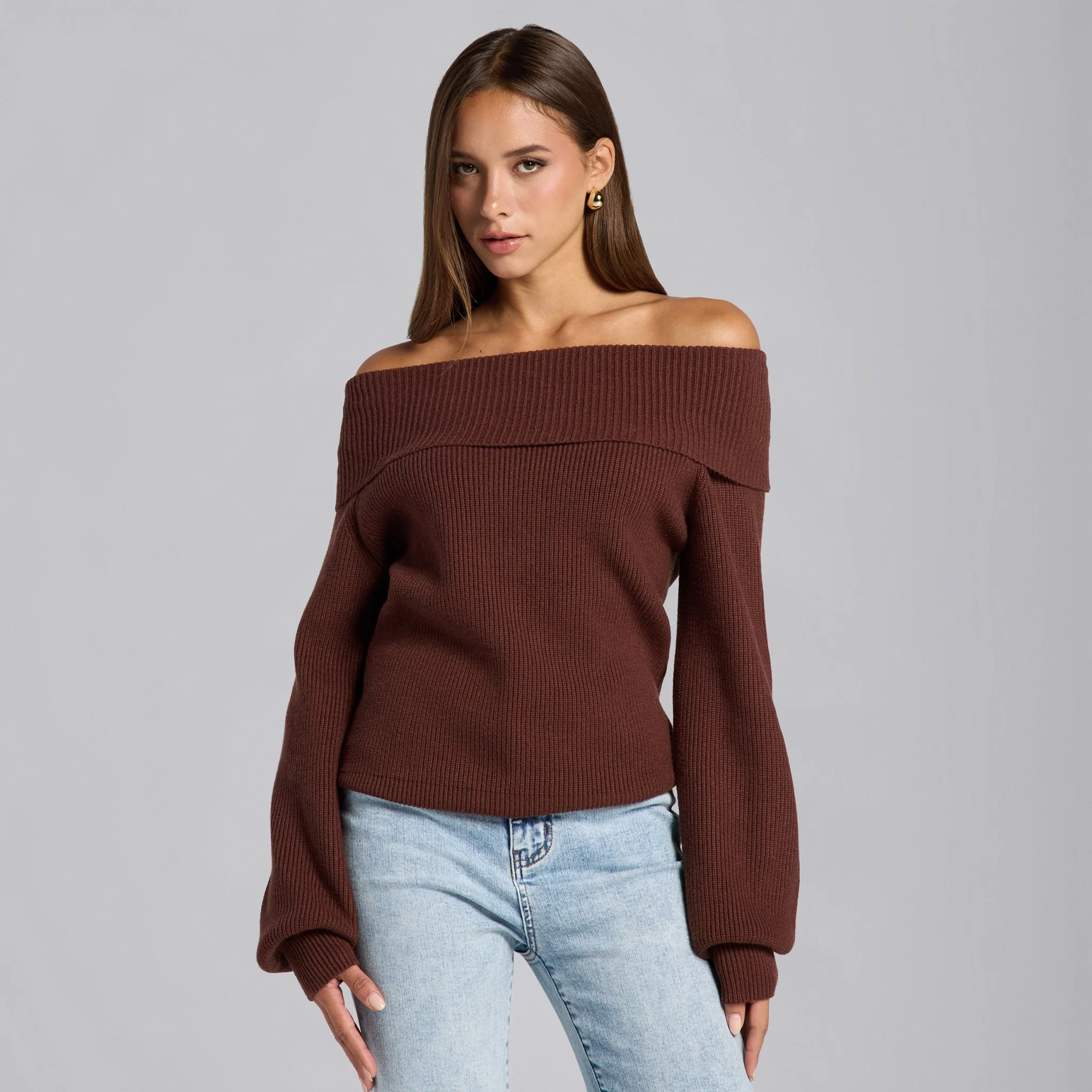 Brown Knit Fold Off Shoulder Balloon Sleeve Sweater - Image 4