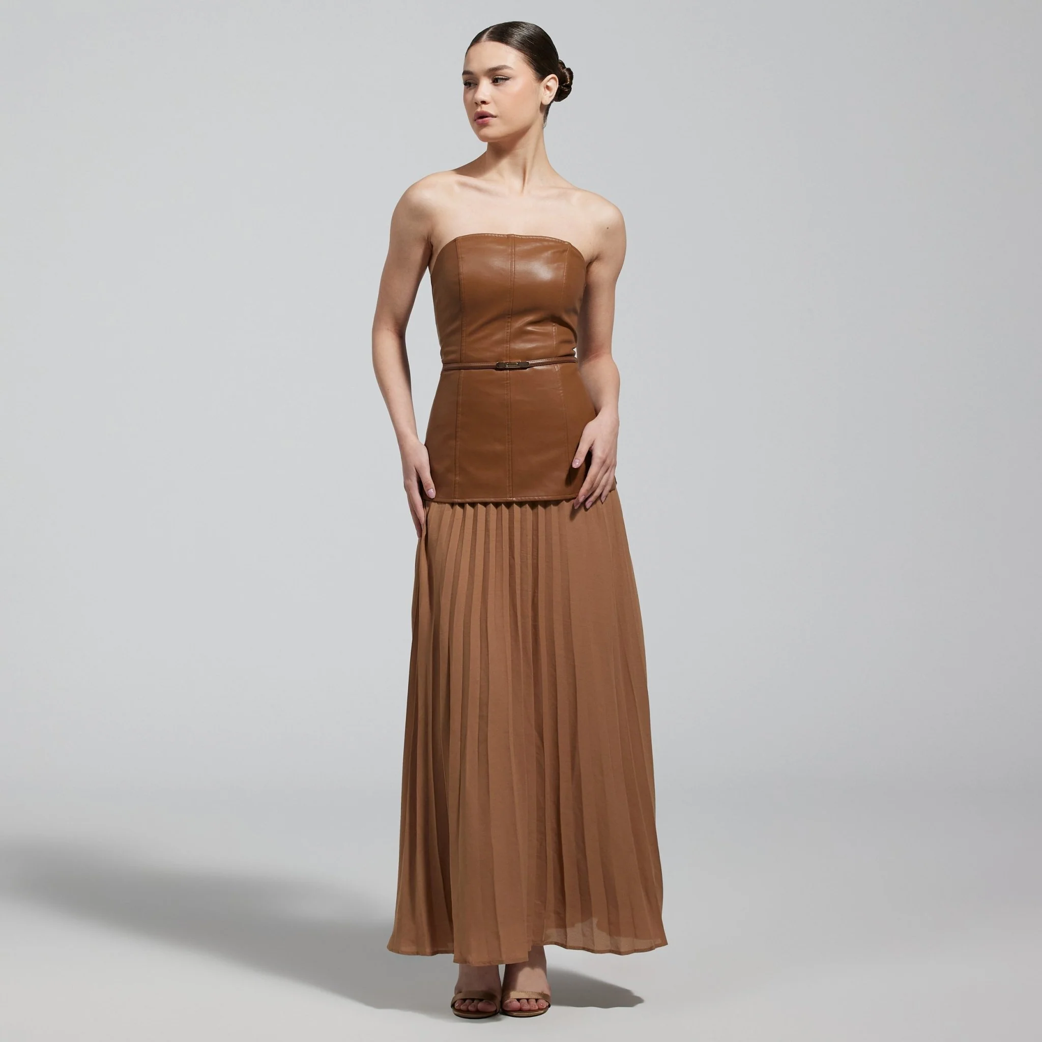Brown Leather & Chiffon Pleated Maxi Dress