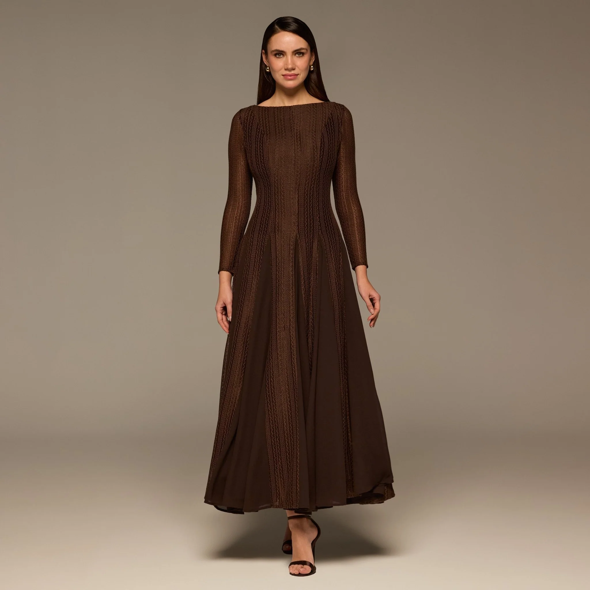 Brown Long Sleeves Godet Maxi Dress